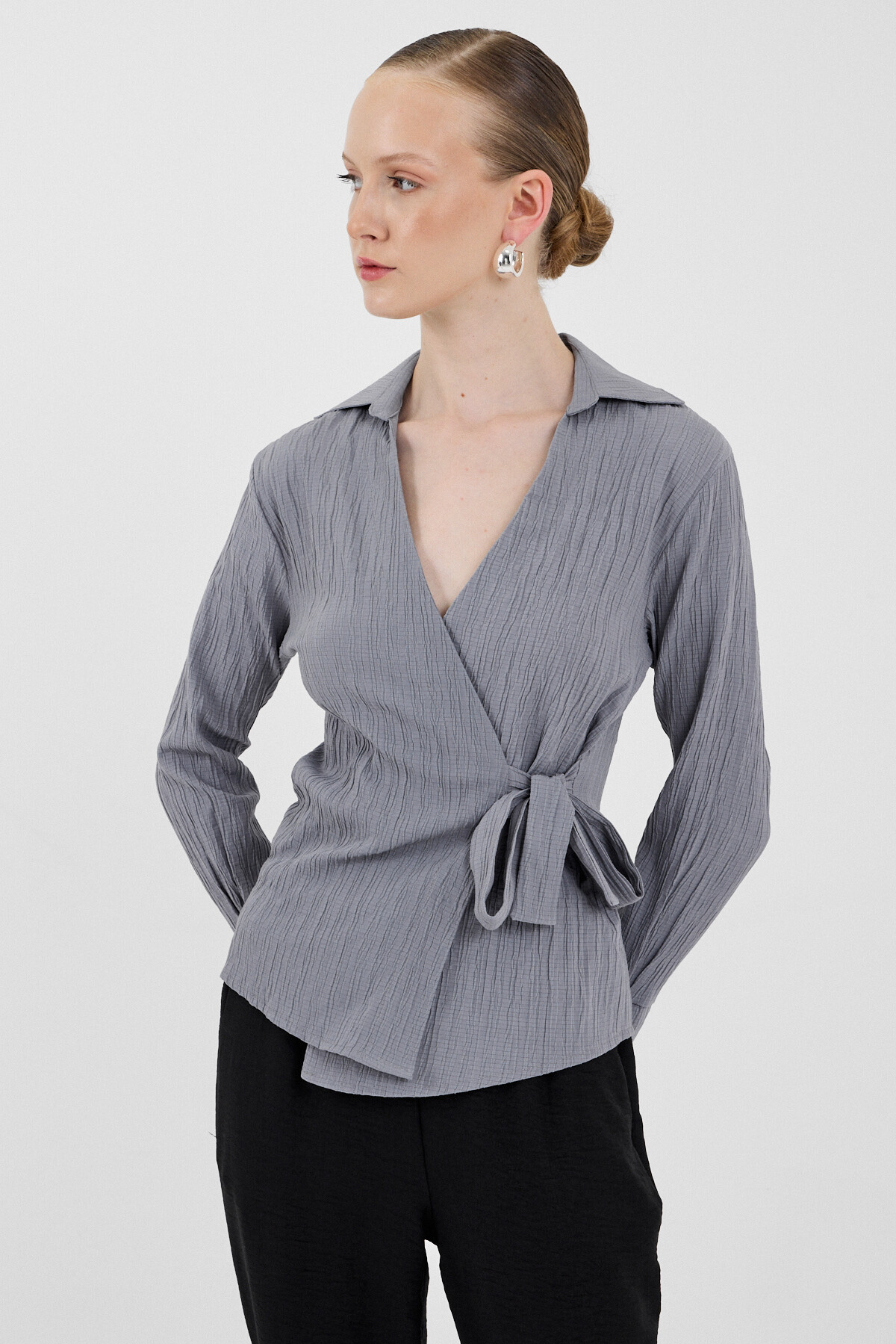 Gri Ön Bağlama Detaylı Uzun Kol Bluz 8019A - RAYS