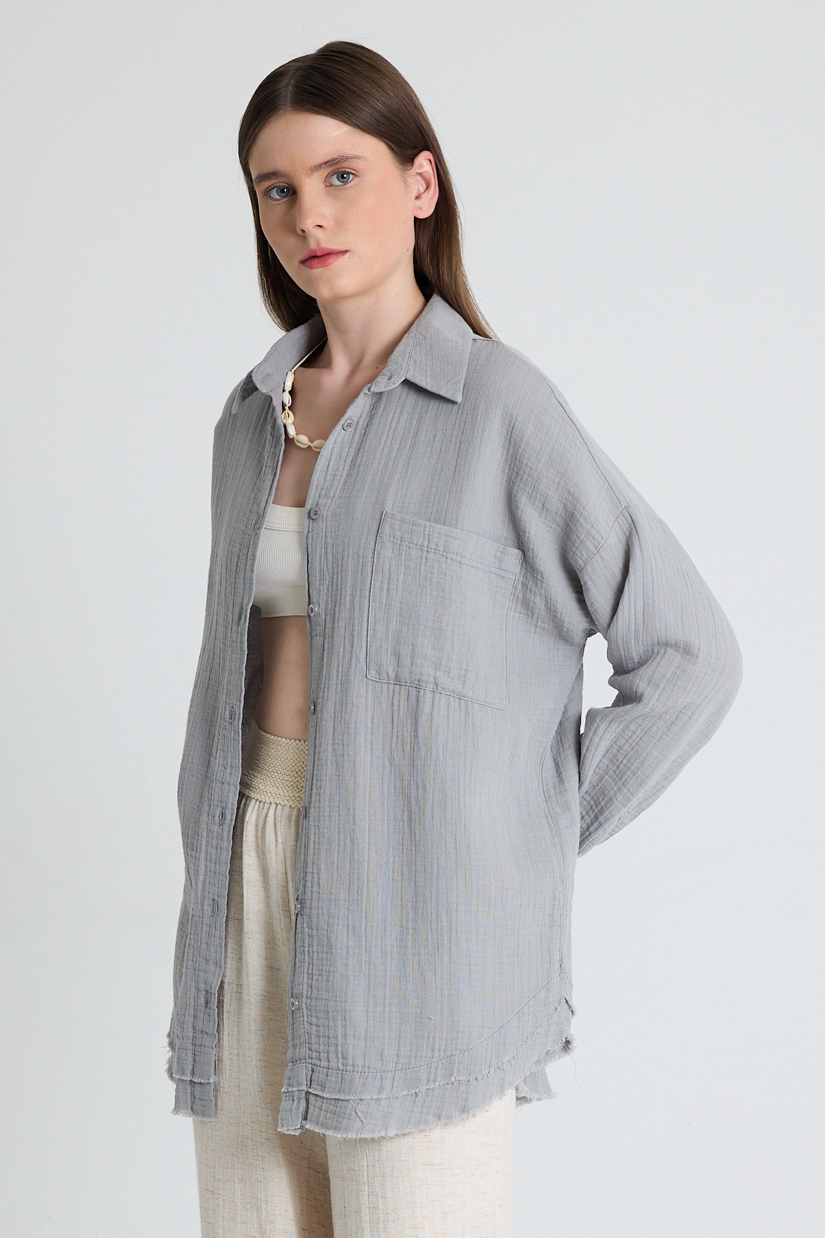 Gri Oversize %100 Pamuk Müslin Gömlek 4786A - 1
