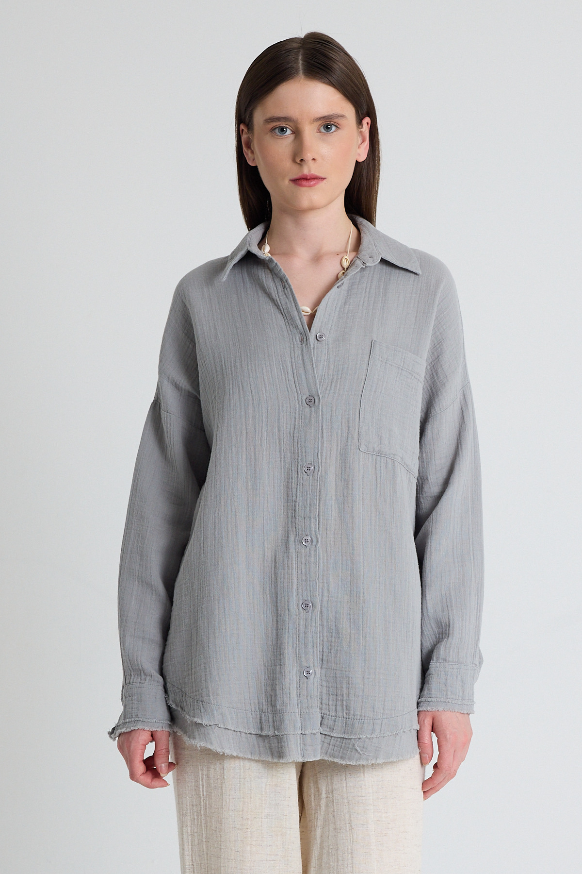 Gri Oversize %100 Pamuk Müslin Gömlek 4786A - 3