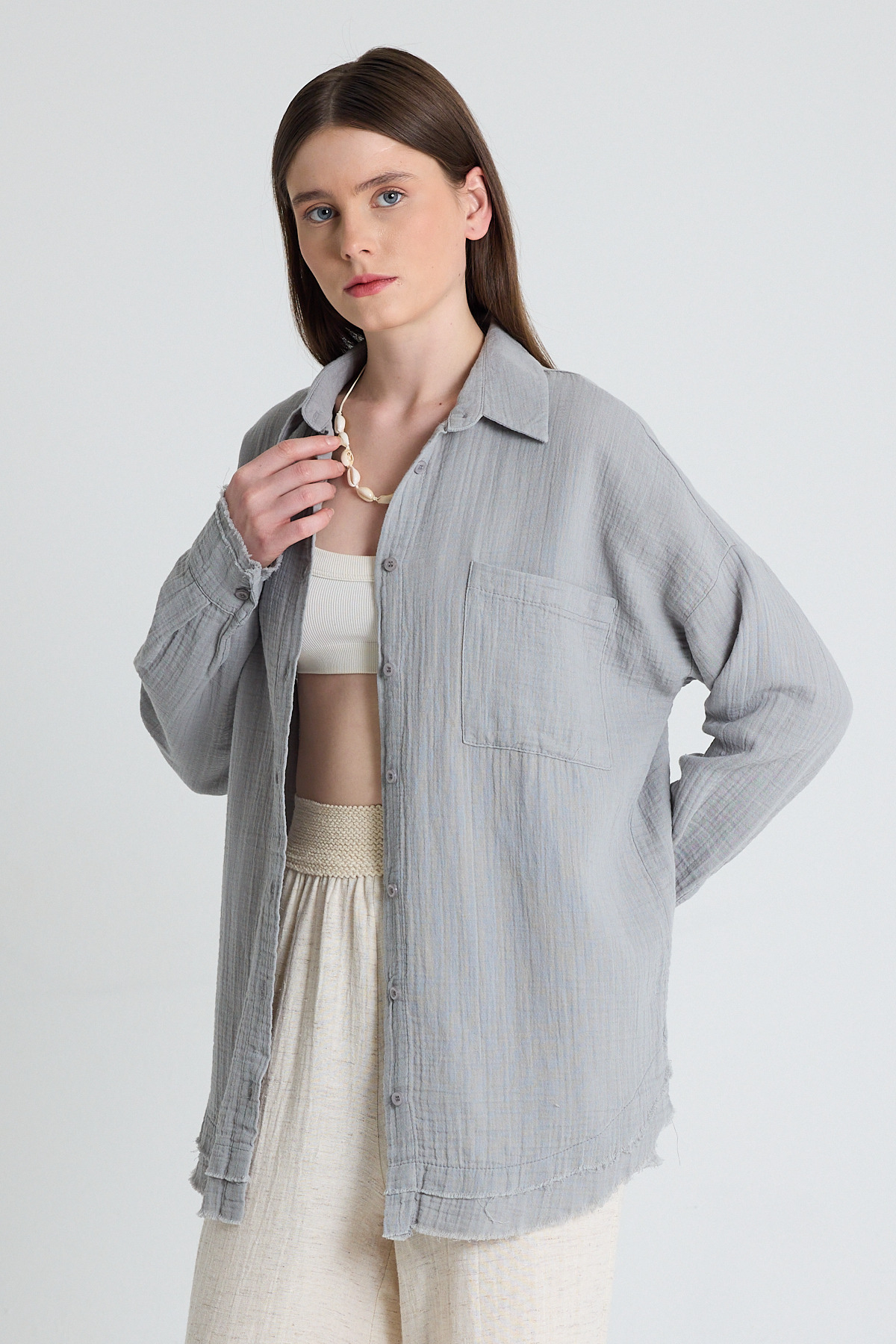 Gri Oversize %100 Pamuk Müslin Gömlek 4786A - 2