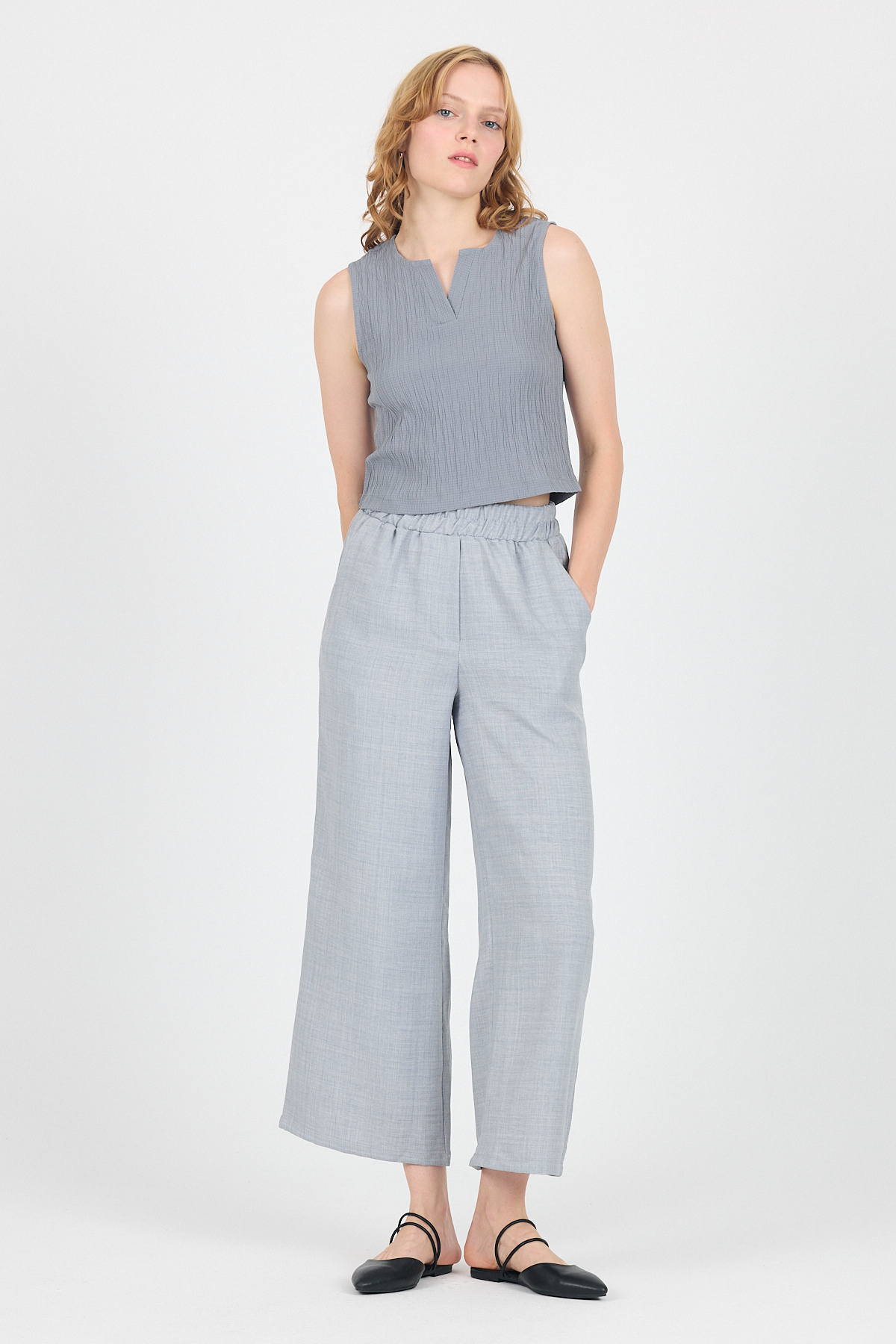 Gri Pamuklu Bel Lastikli Bol Paça Pantolon 4657 - RAYS