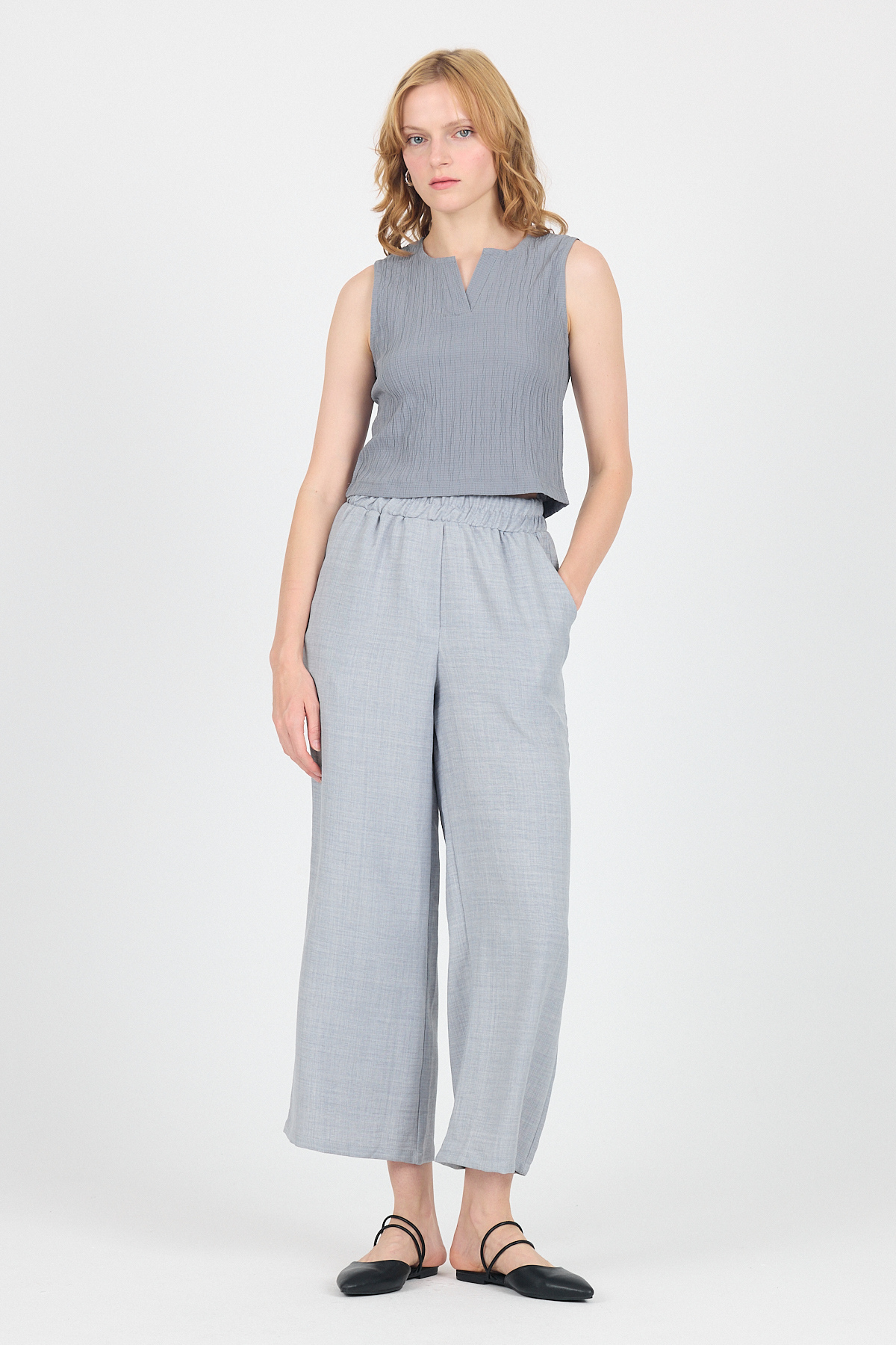 Gri Pamuklu Bel Lastikli Bol Paça Pantolon 4657 