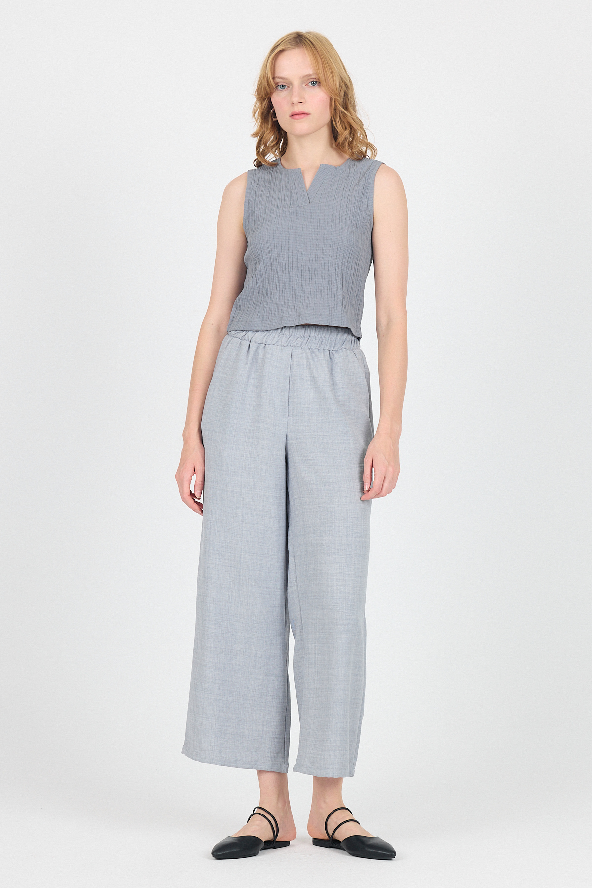 Gri Pamuklu Bel Lastikli Bol Paça Pantolon 4657 - 7