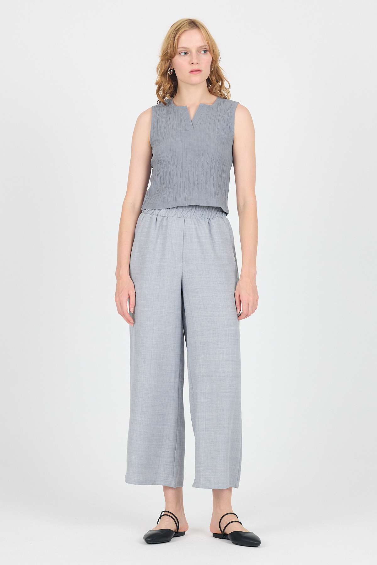 Gri Pamuklu Bel Lastikli Bol Paça Pantolon 4657 - 6