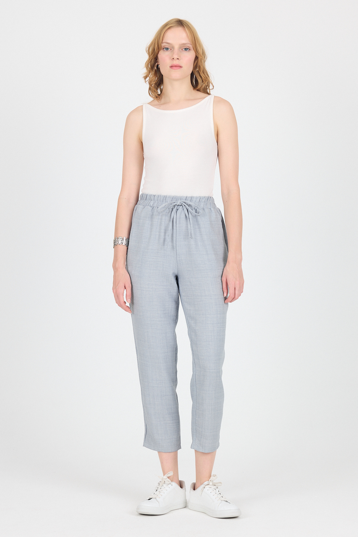Gri Pamuklu Bel Lastikli Düz Paça Düz Paça Pantolon 4800 - 6