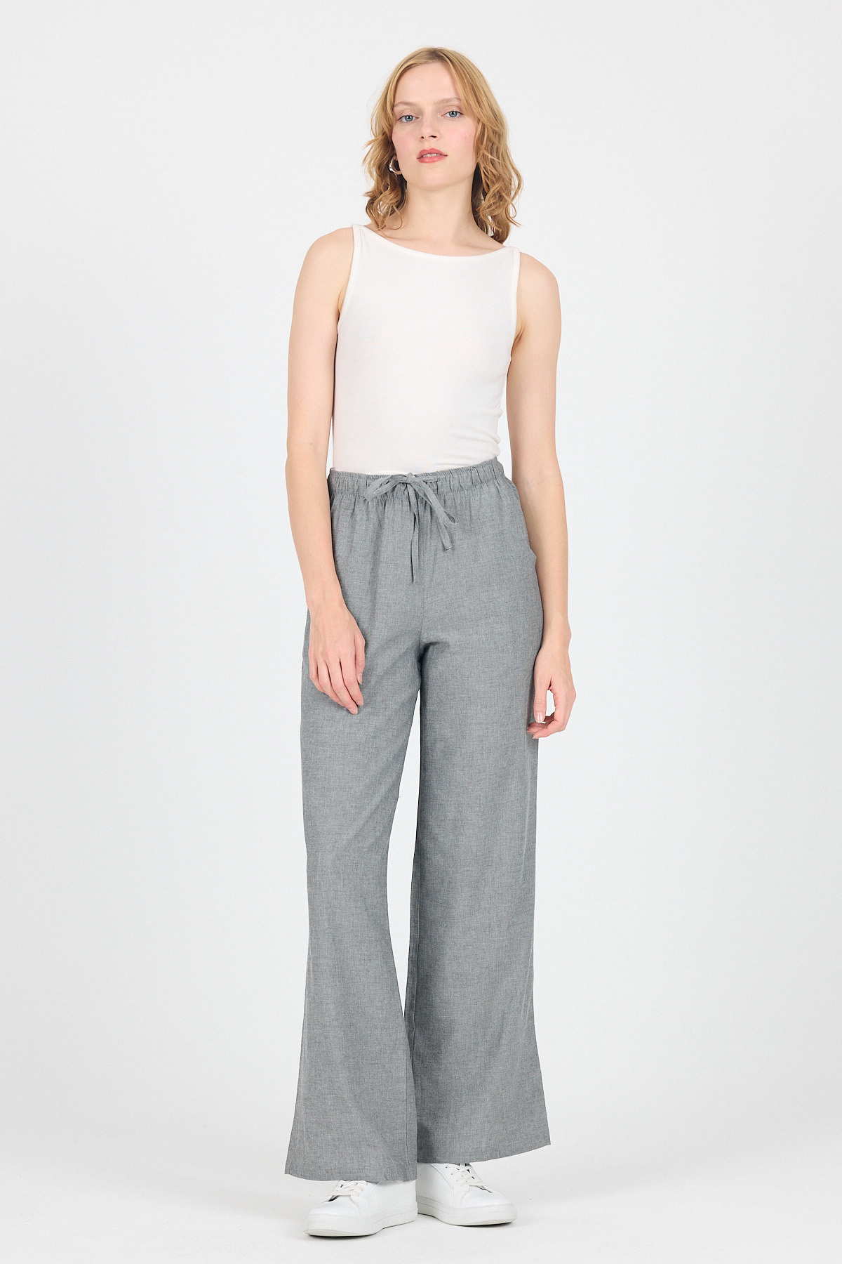 Gri Pamuklu Bel Lastikli Wide Leg/Bol Paça Pantolon 4754A - 1