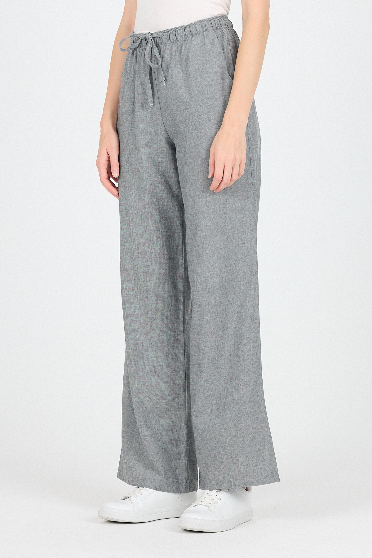 Gri Pamuklu Bel Lastikli Wide Leg/Bol Paça Pantolon 4754A - 3