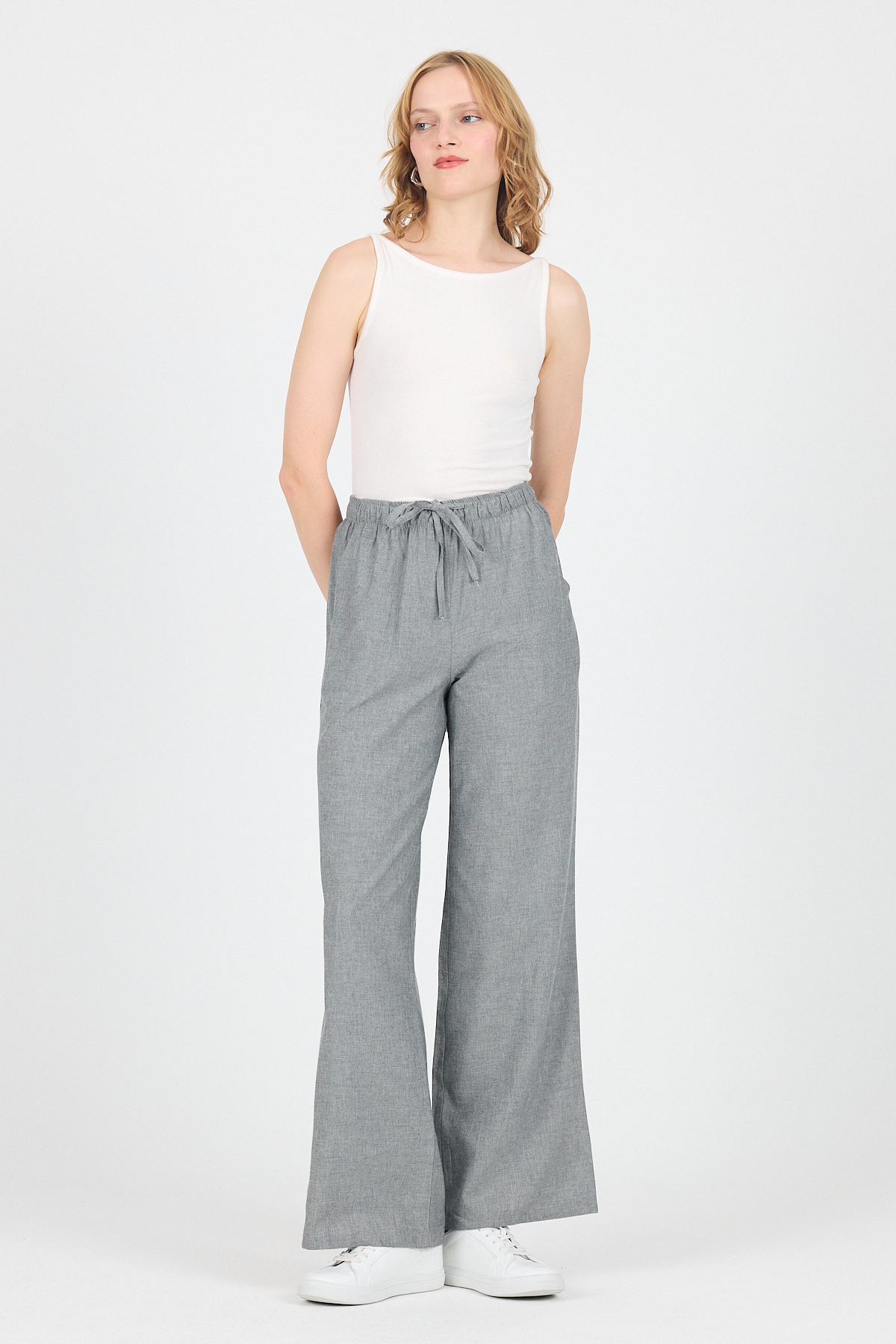 Gri Pamuklu Bel Lastikli Wide Leg/Bol Paça Pantolon 4754A - 7