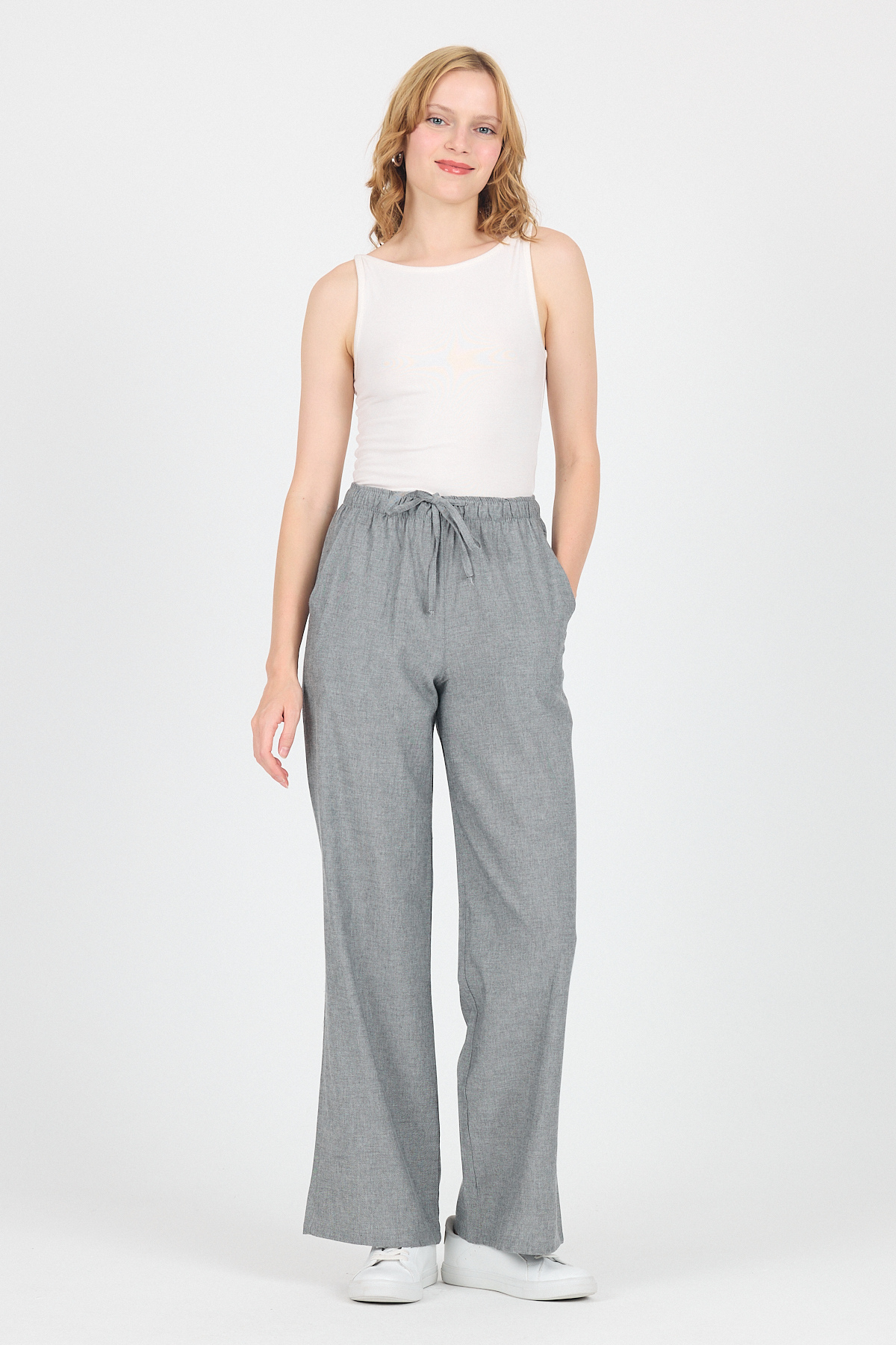 Gri Pamuklu Bel Lastikli Wide Leg/Bol Paça Pantolon 4754A - 6
