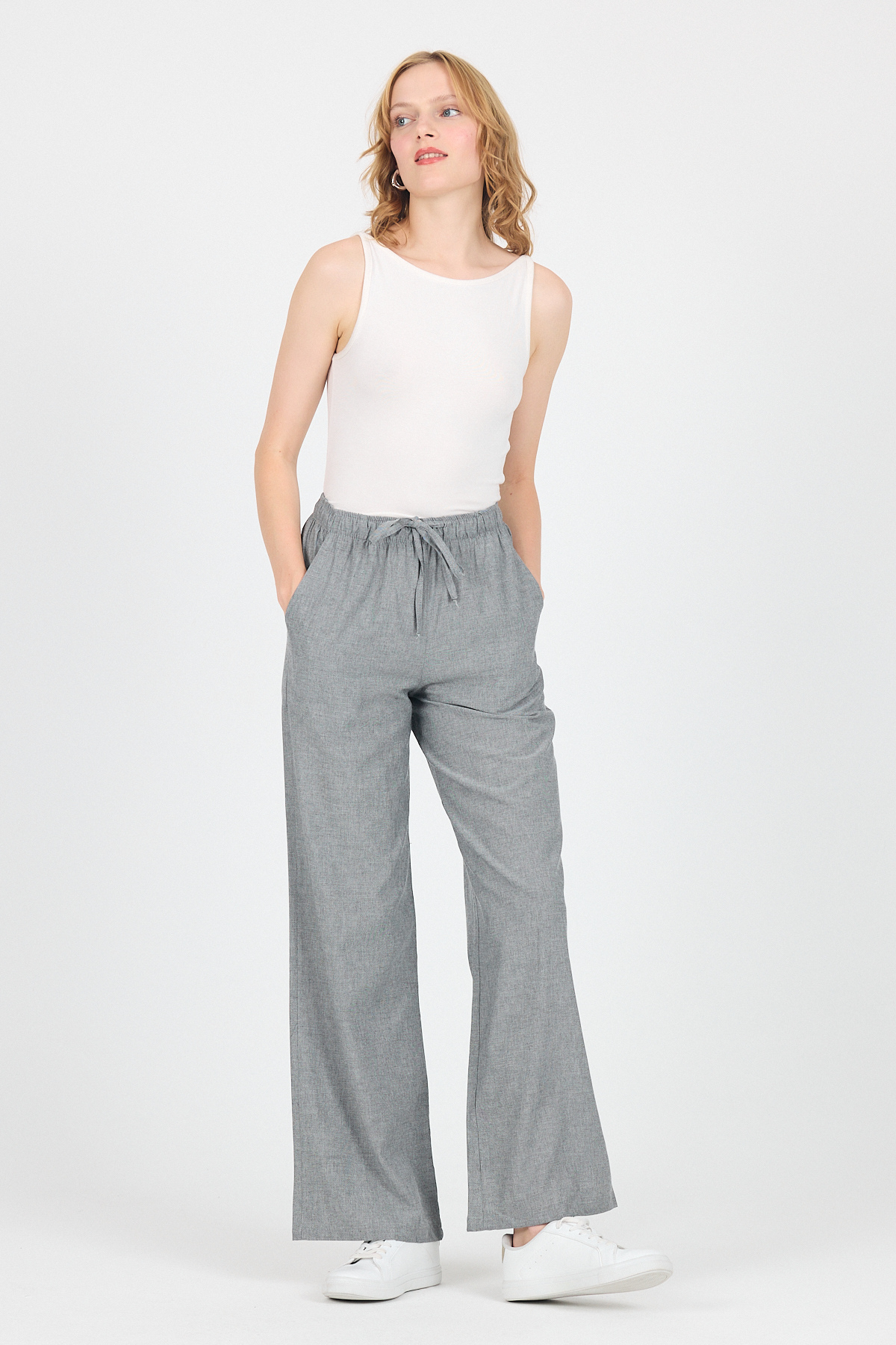 Gri Pamuklu Bel Lastikli Wide Leg/Bol Paça Pantolon 4754A - 2