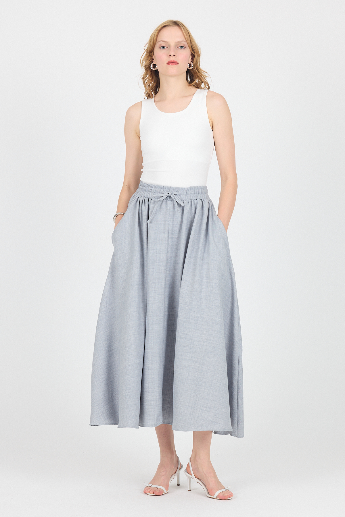 Gri Pamuklu Beli Lastikli Midi Etek 8024A - 1