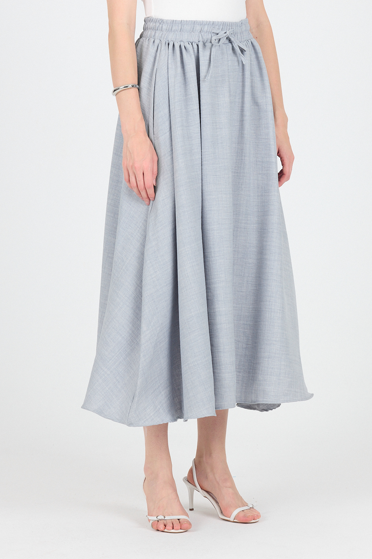 Gri Pamuklu Beli Lastikli Midi Etek 8024A - RAYS