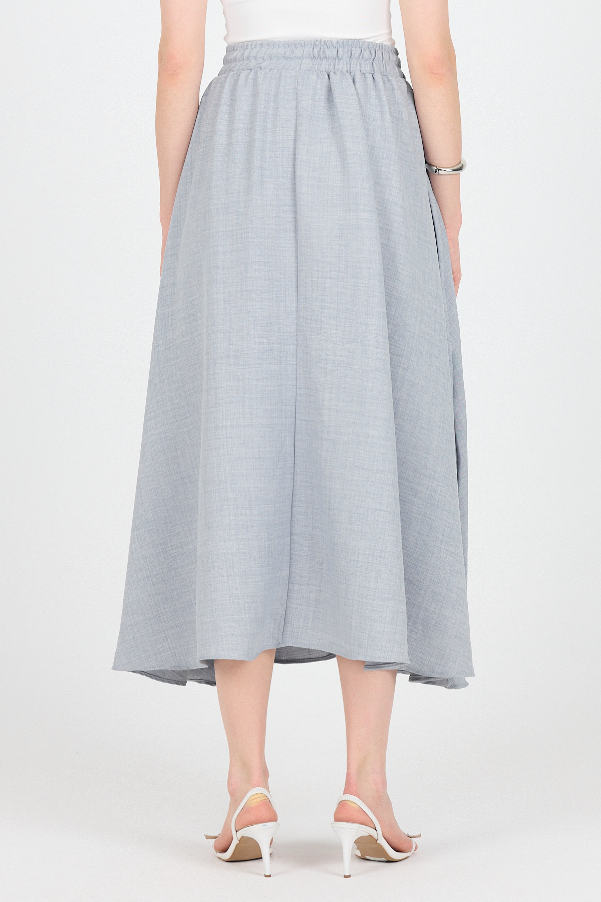 Gri Pamuklu Beli Lastikli Midi Etek 8024A - 5