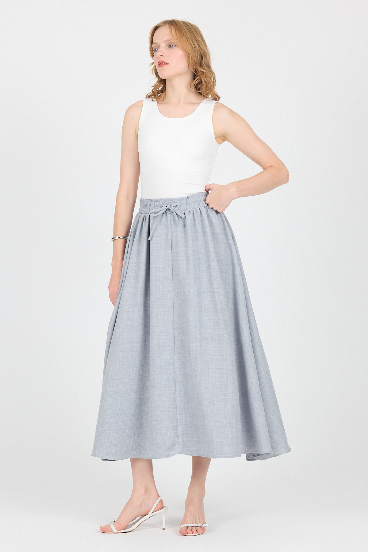 Gri Pamuklu Beli Lastikli Midi Etek 8024A - RAYS (1)