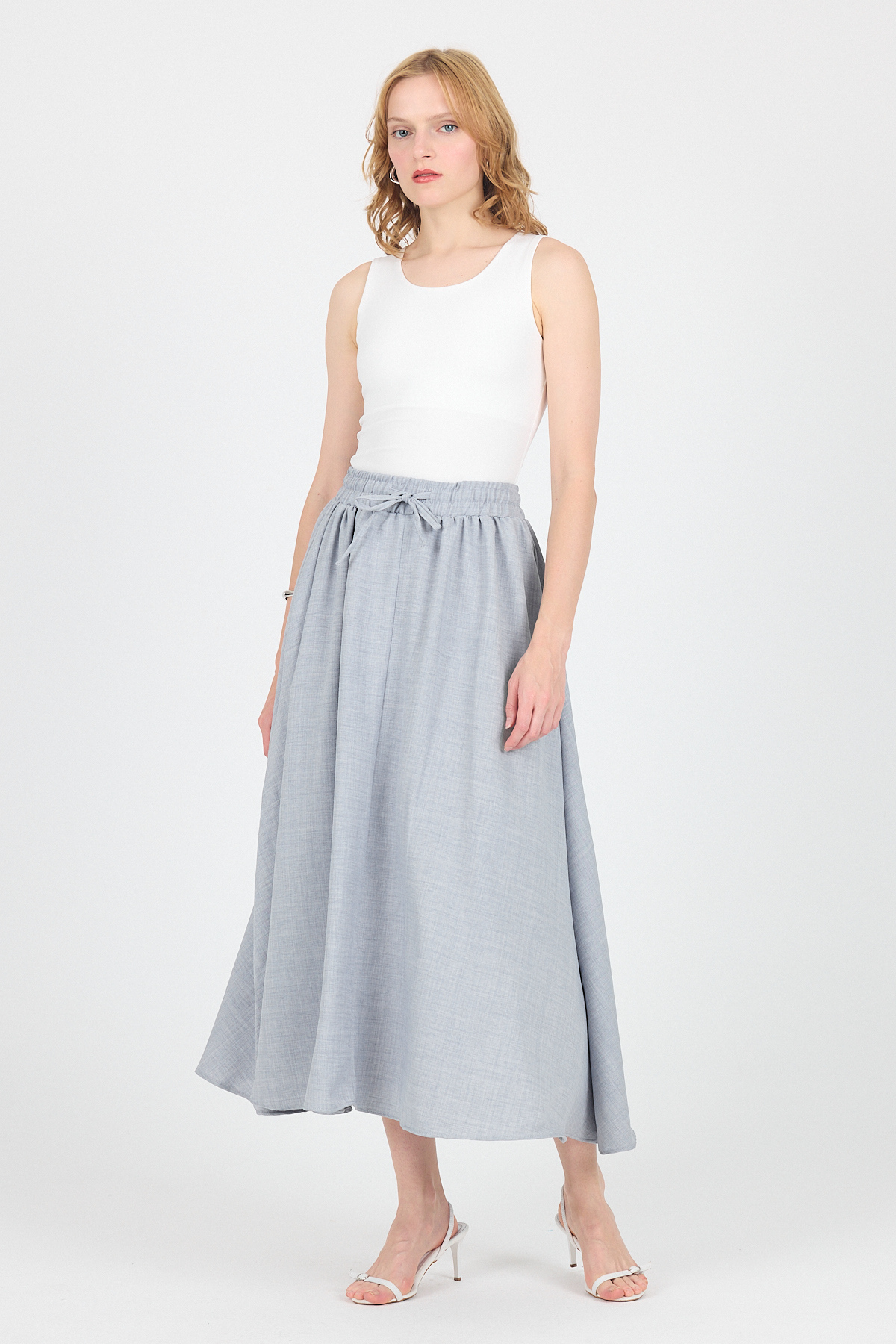 Gri Pamuklu Beli Lastikli Midi Etek 8024A - 6