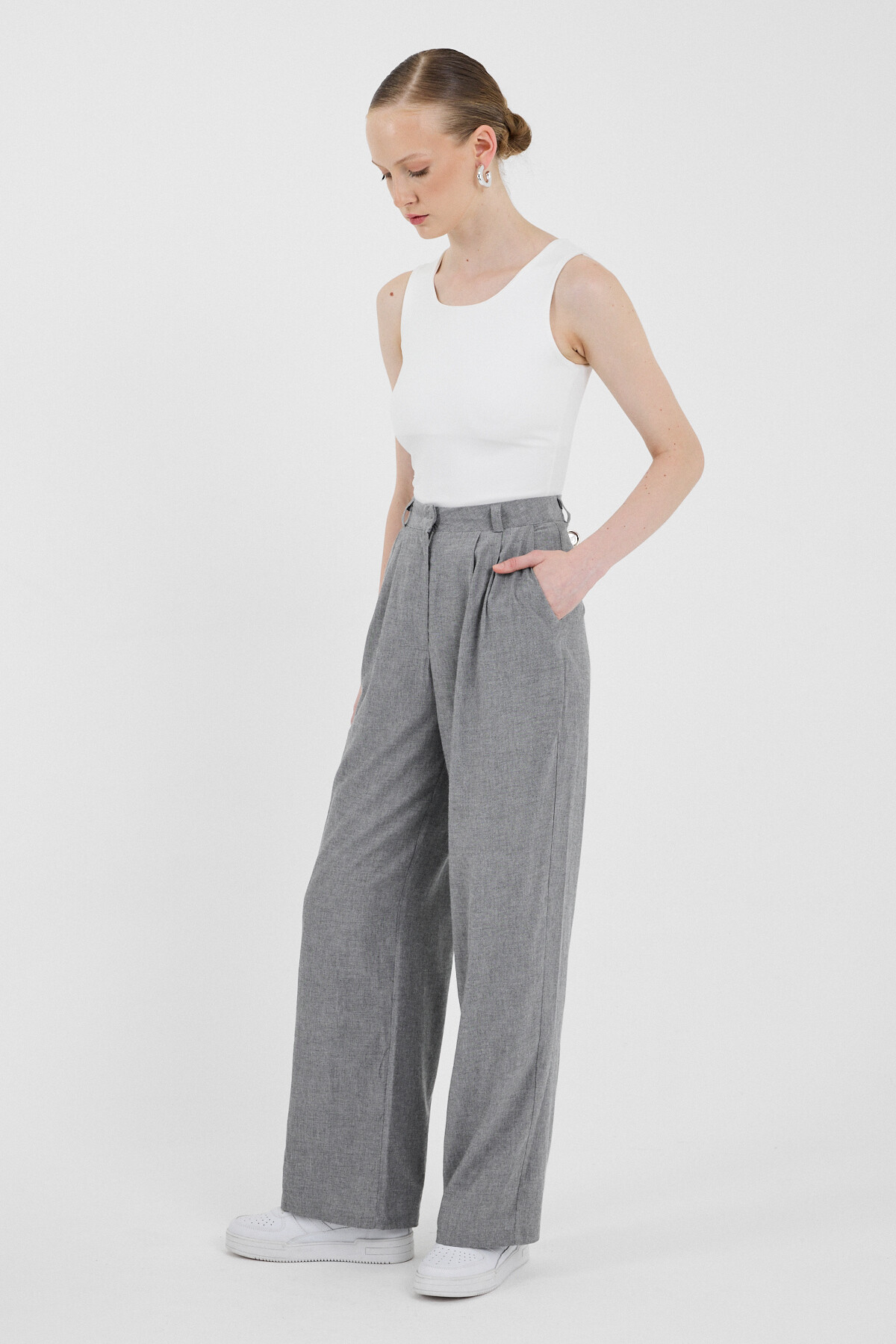 Gri Pile Detaylı Bol Paça/Palazzo Pantolon 4757A - RAYS