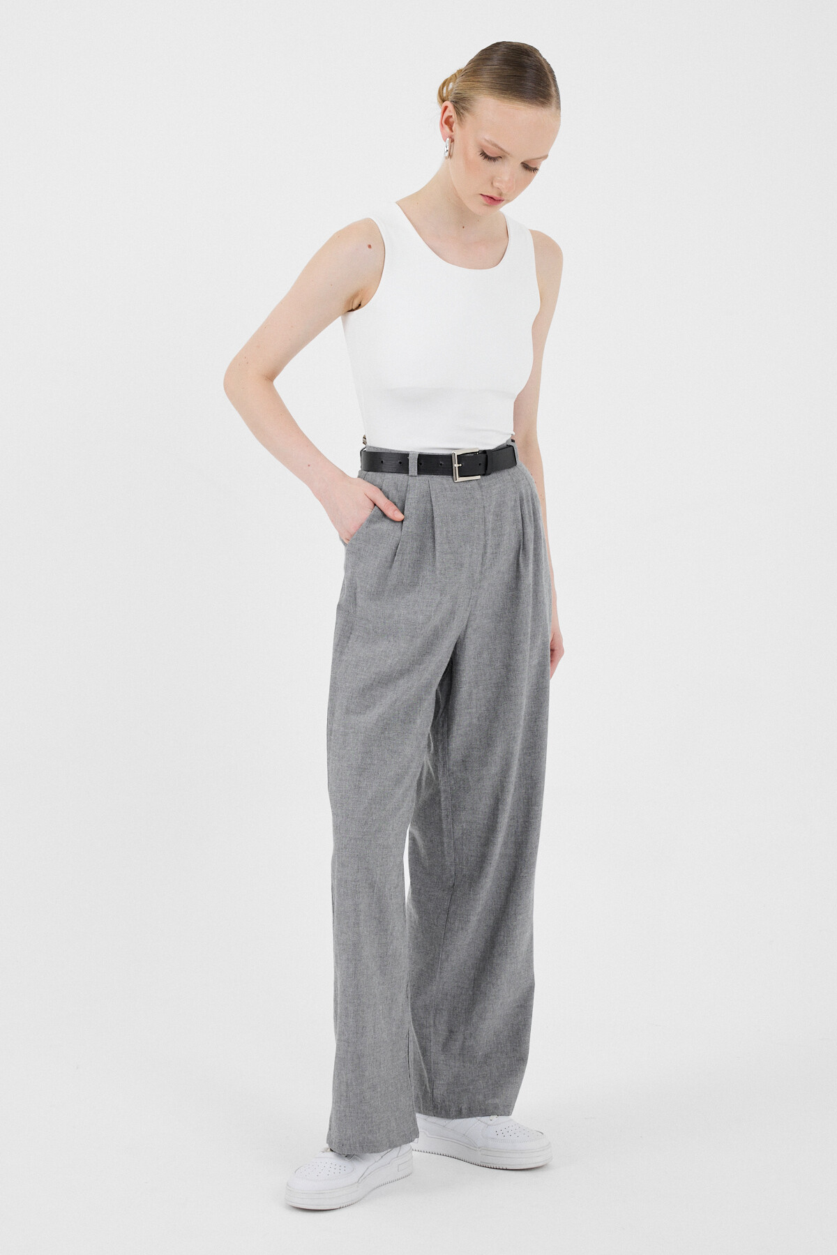 Gri Pile Detaylı Bol Paça/Palazzo Pantolon 4757A - 2