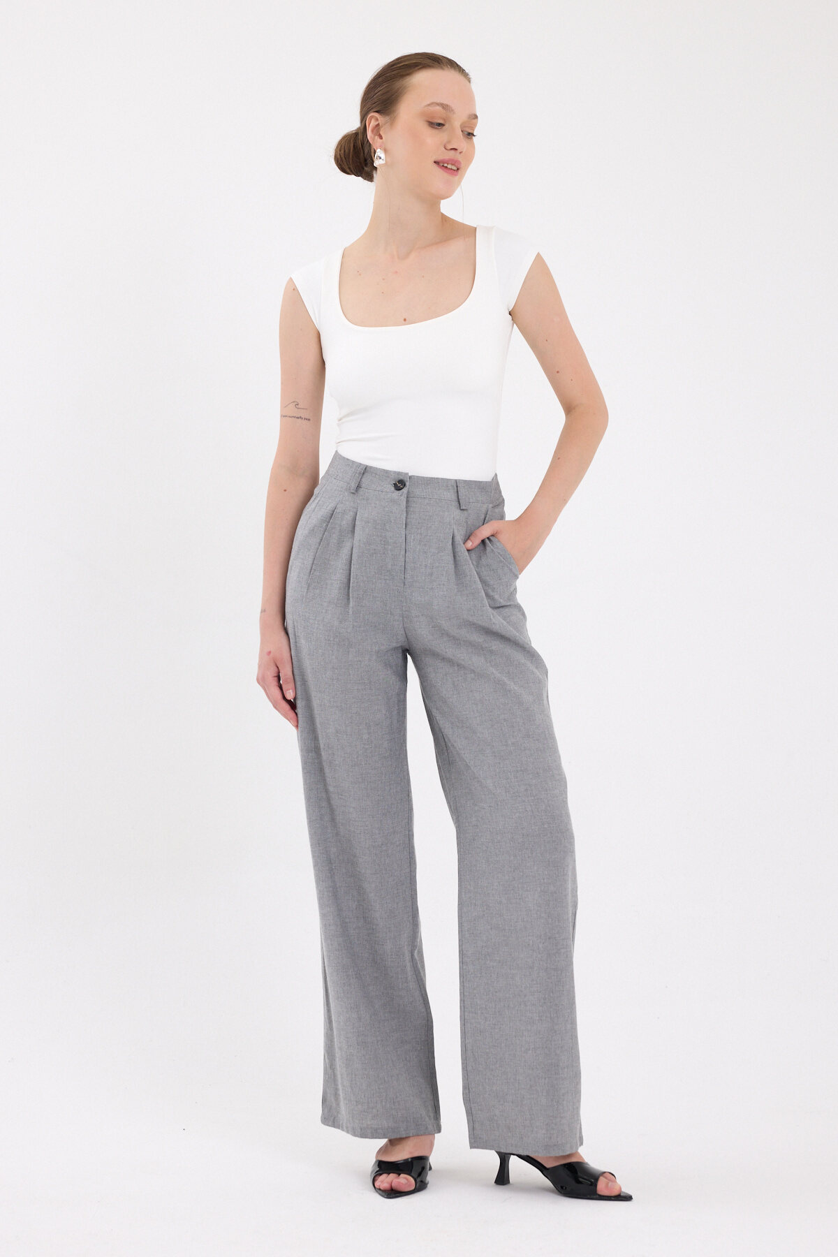 Gri Pileli Palazzo Bol Paça Kadın Pantolon 4755A - 7
