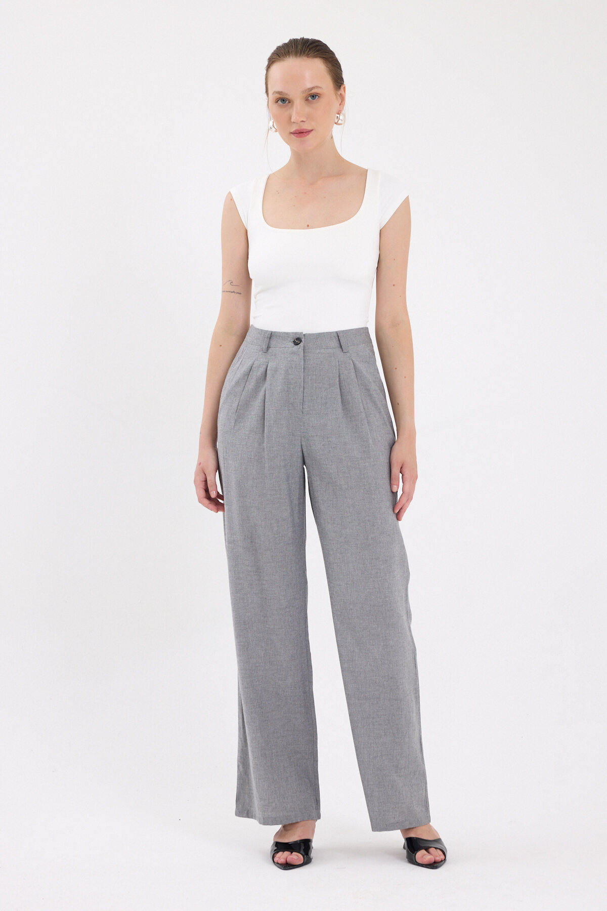 Gri Pileli Palazzo Bol Paça Kadın Pantolon 4755A - RAYS