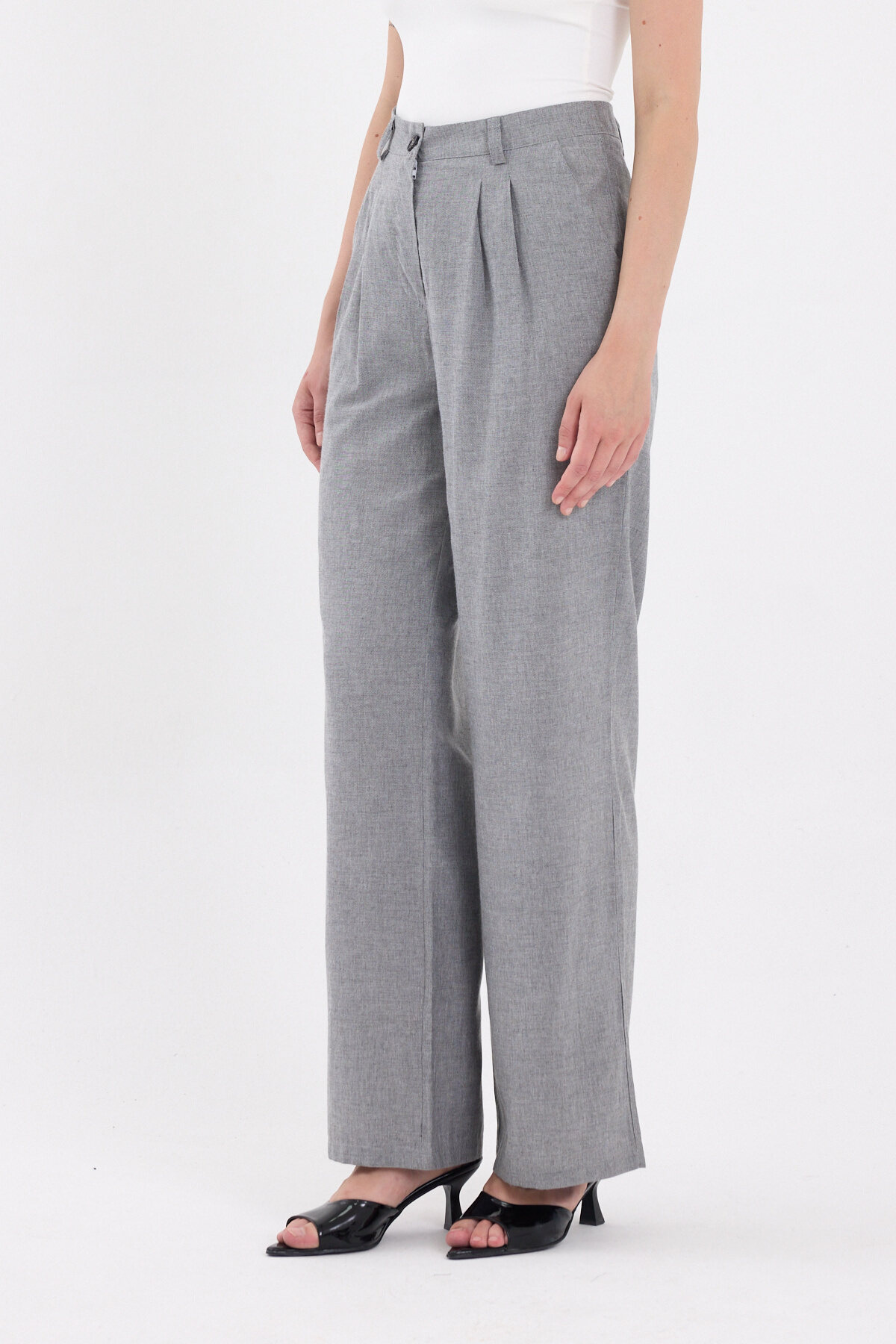 Gri Pileli Palazzo Bol Paça Kadın Pantolon 4755A - 3