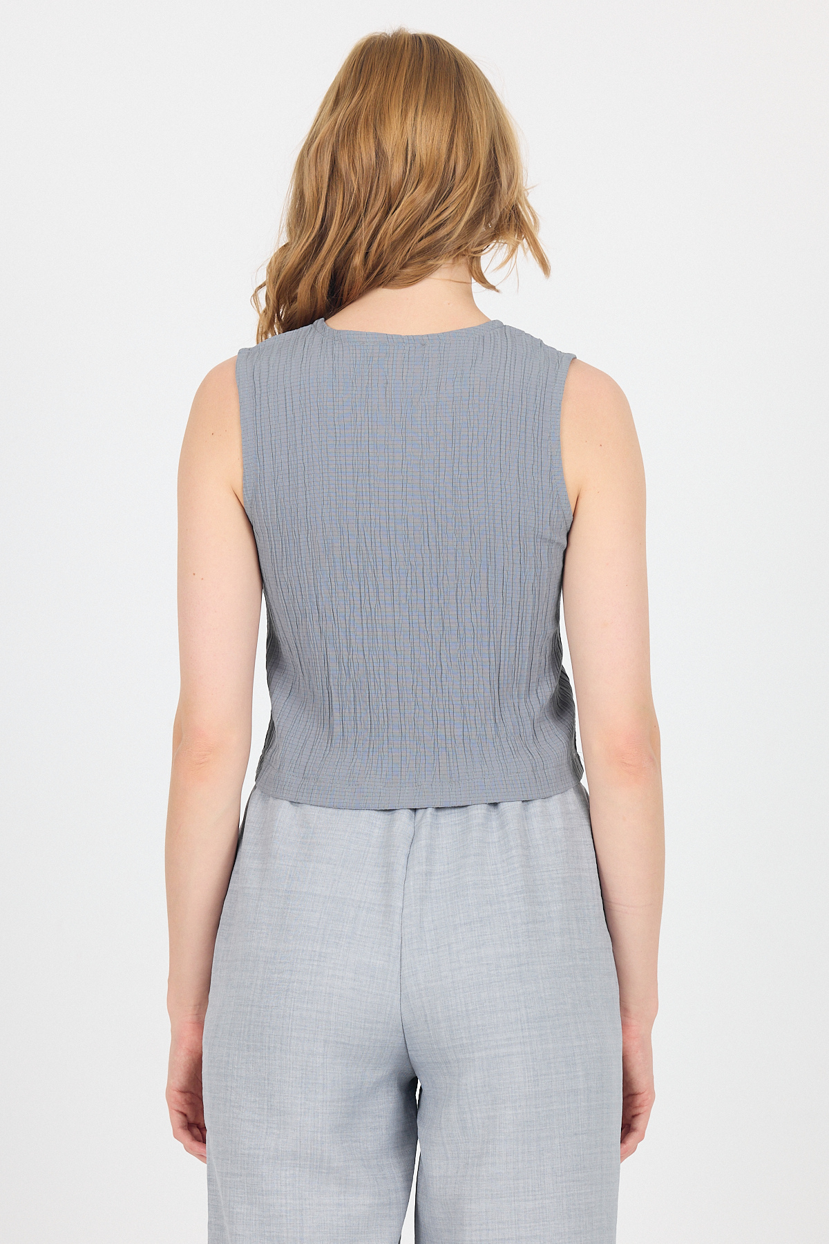 Gri V Yaka Kolsuz Crop Bluz 8027 - 5