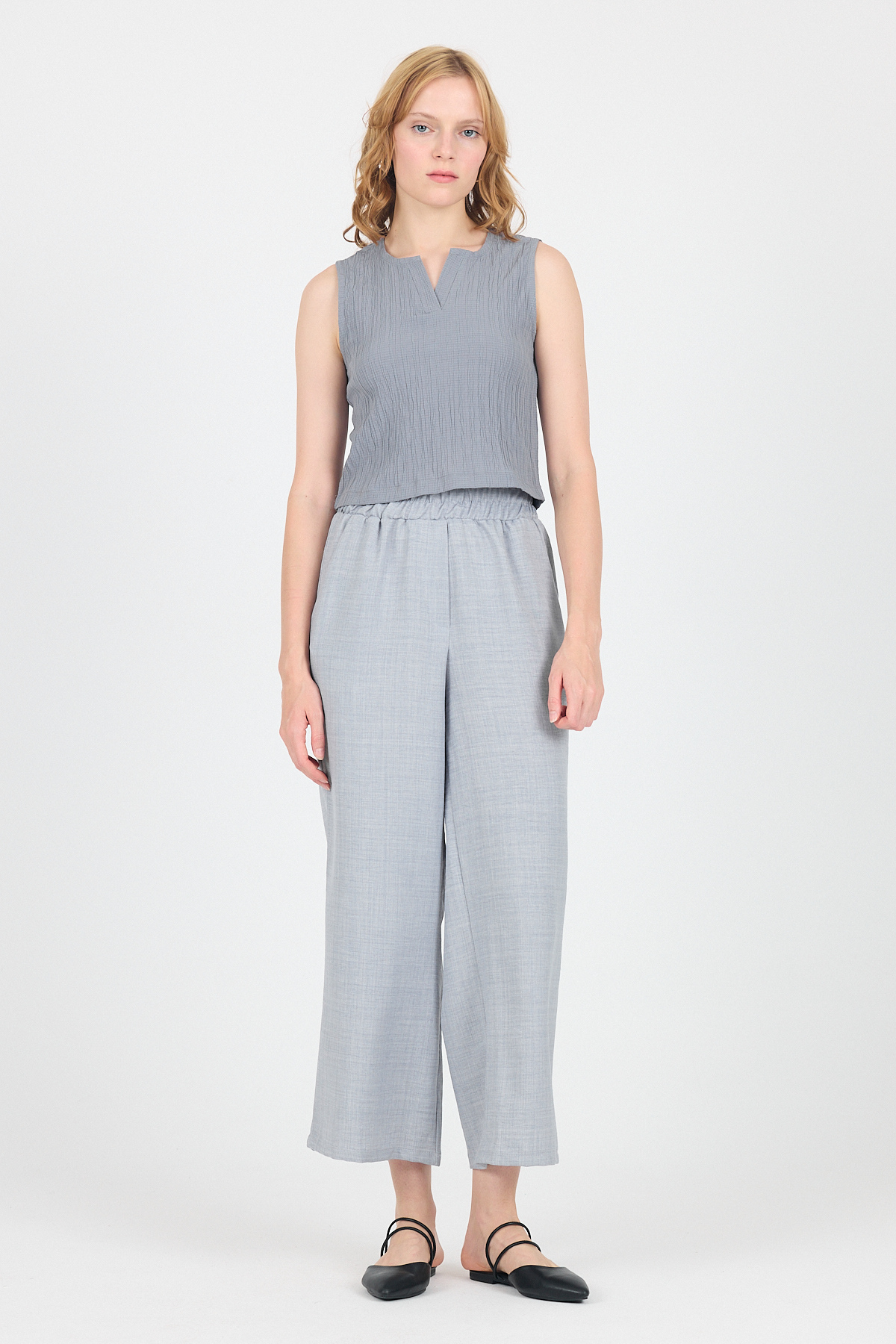 Gri V Yaka Kolsuz Crop Bluz 8027 - 3