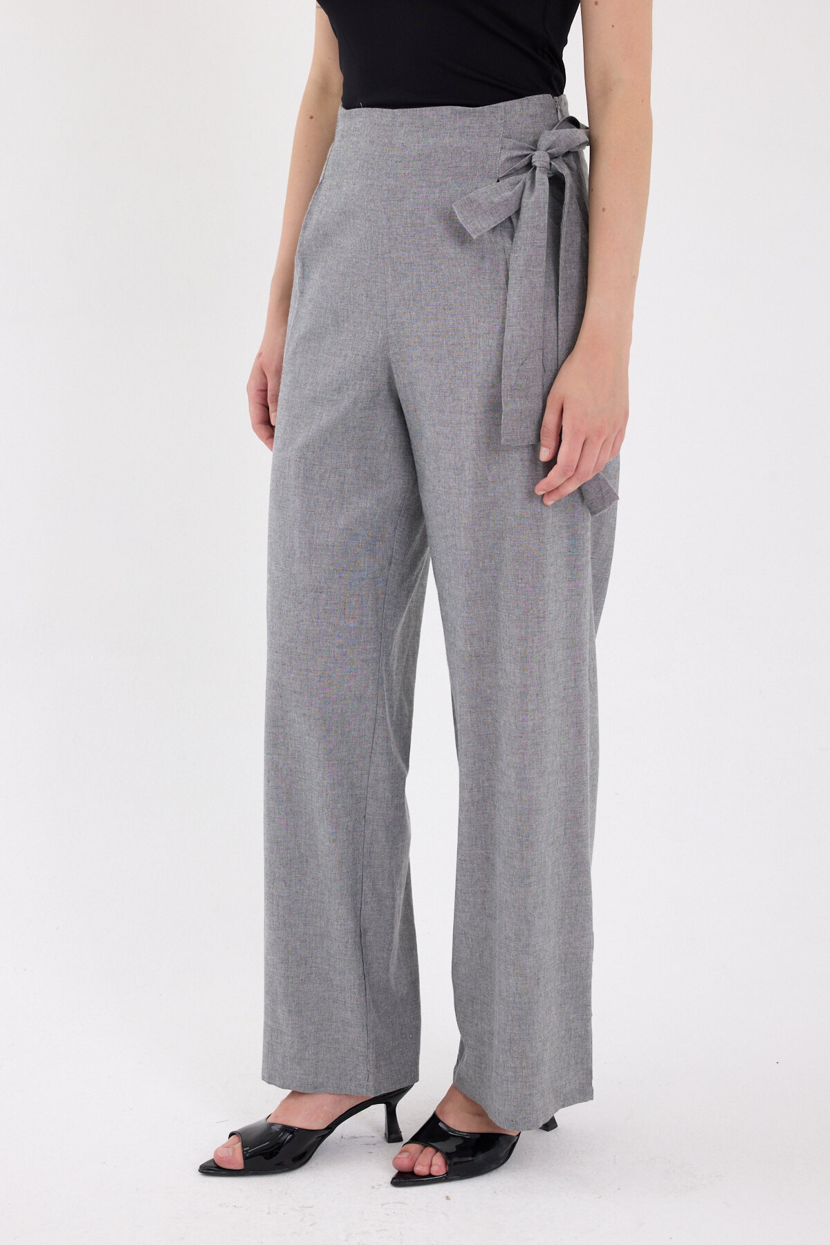 Gri Yan Bağlama Detaylı Palazzo Kadın Pantolon 4779A - RAYS