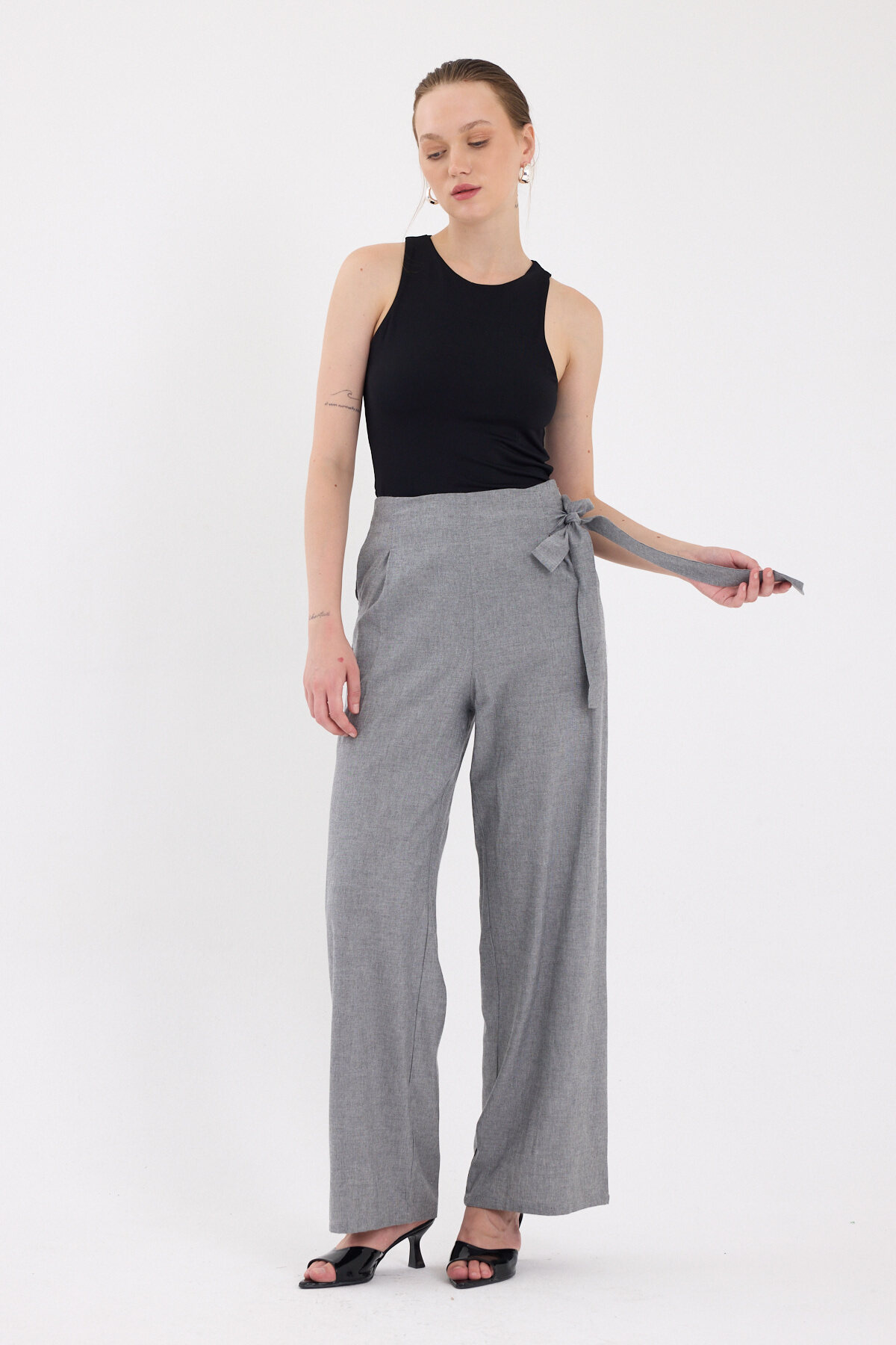 Gri Yan Bağlama Detaylı Palazzo Kadın Pantolon 4779A - 1