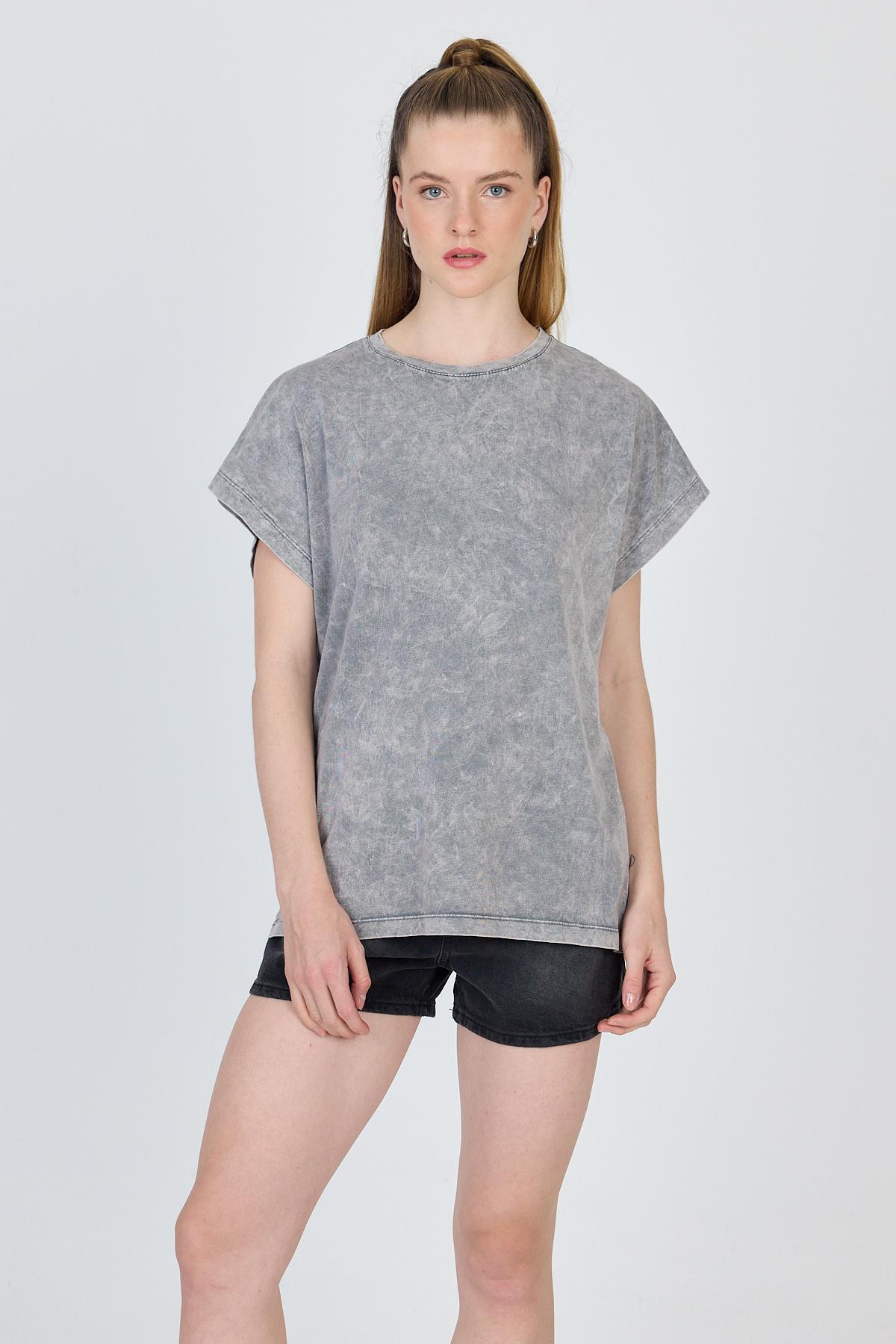 Gri Yıkamalı Oversize Basic Tişört 253014 - 2