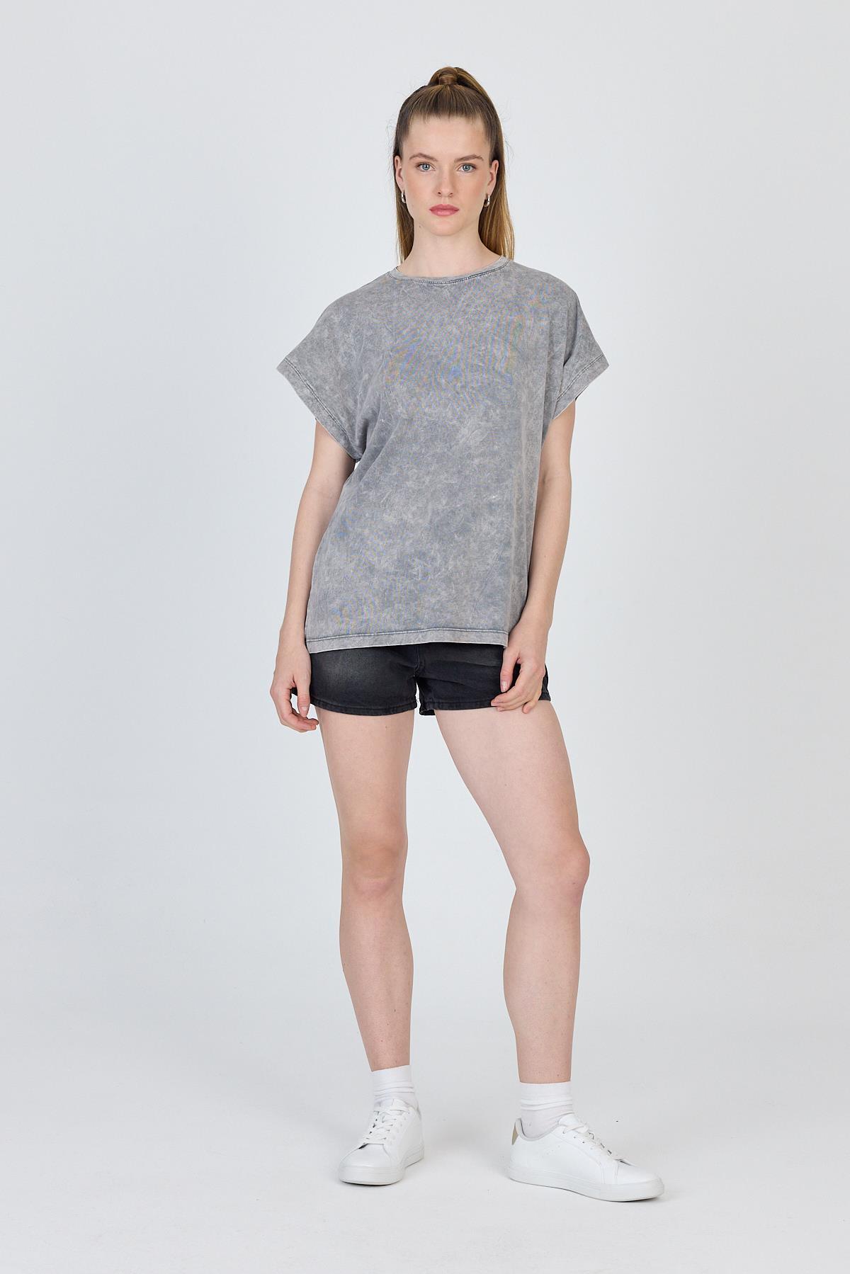 Gri Yıkamalı Oversize Basic Tişört 253014 - 3