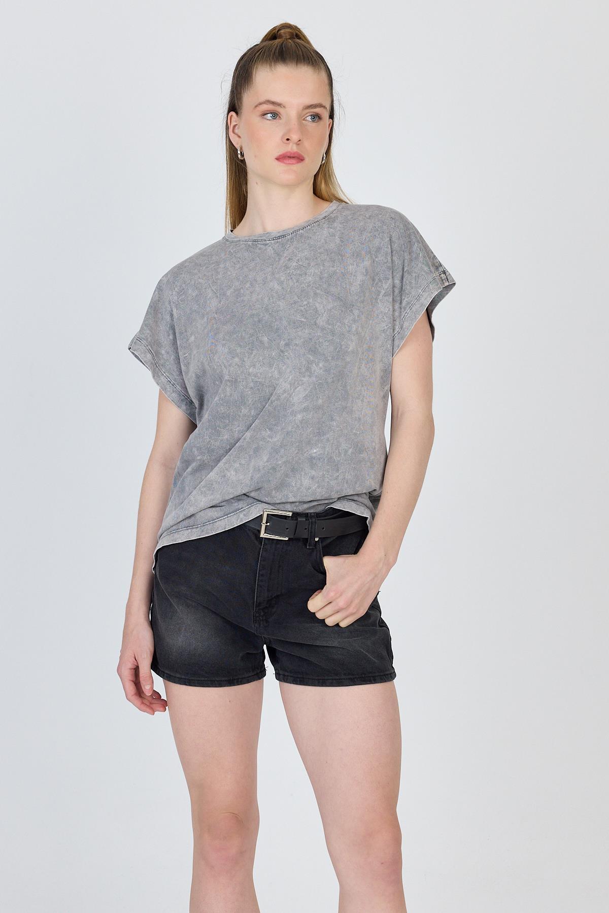 Gri Yıkamalı Oversize Basic Tişört 253014 - 7