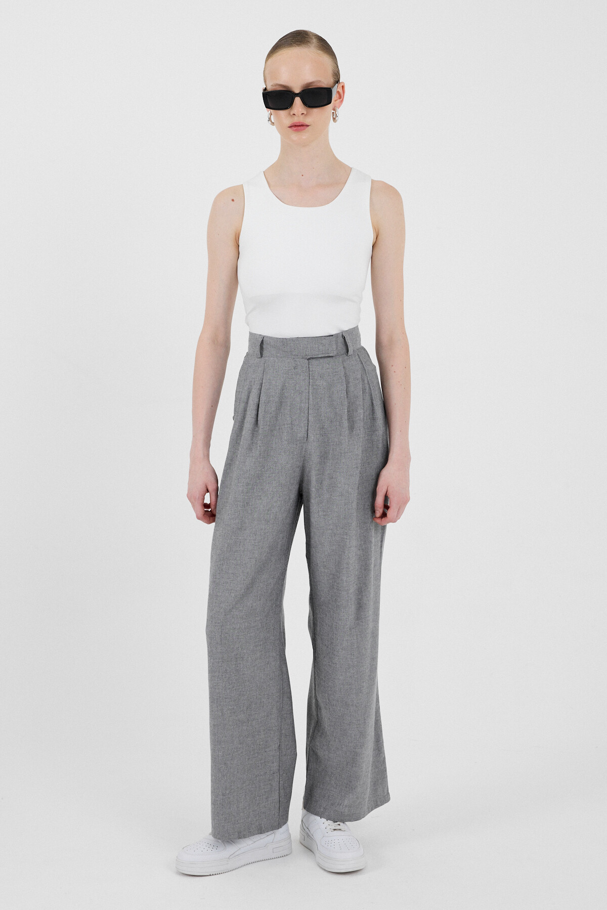 Gri Yüksek Bel Cırt Kapama Detaylı Pamuklu Palazzo Pantolon 8062A - RAYS