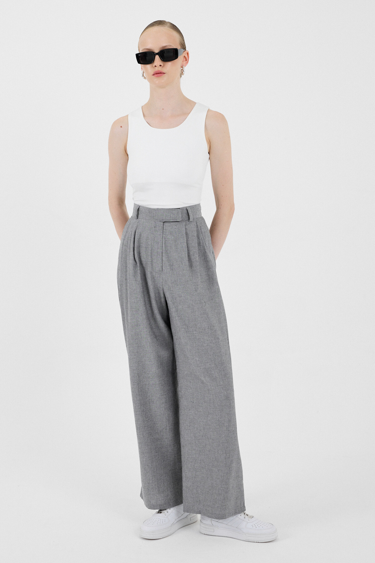 Gri Yüksek Bel Cırt Kapama Detaylı Pamuklu Palazzo Pantolon 8062A - 4