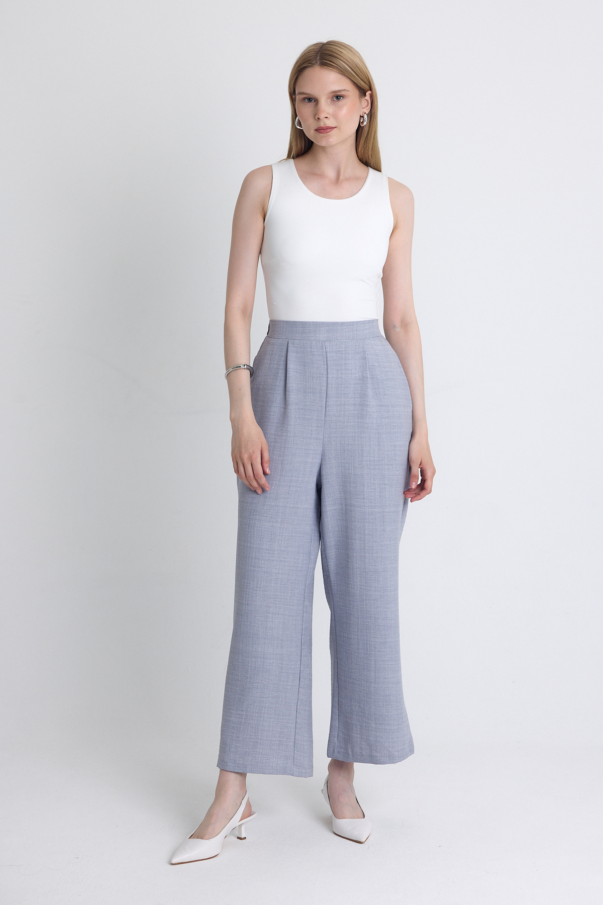 Gri Yüksek Bel Ön Pile Detaylı Pamuklu Bol Paça Pantolon 8014A - 6