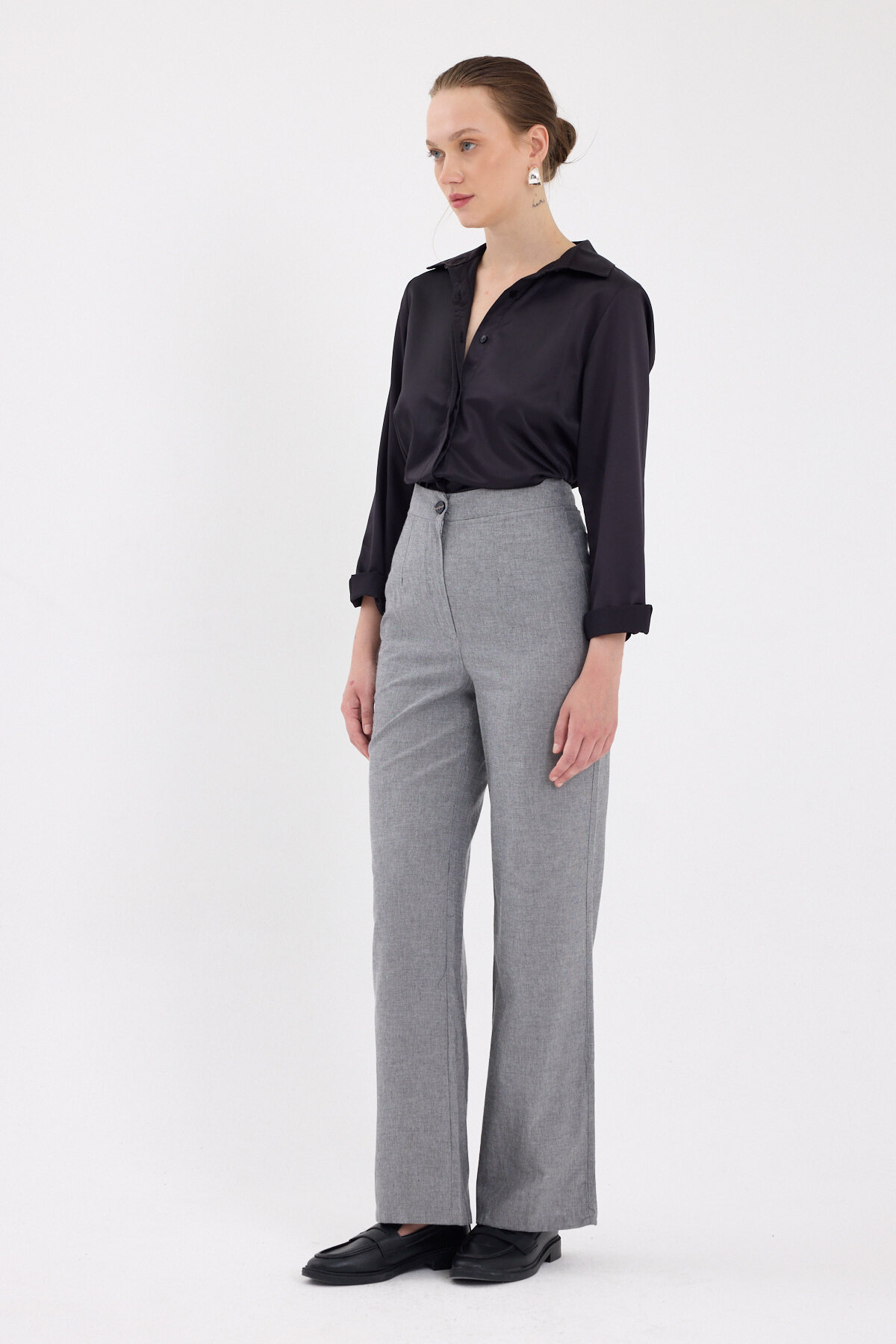 Gri Yüksek Bel Palazzo Kadın Pantolon 8021A - 1