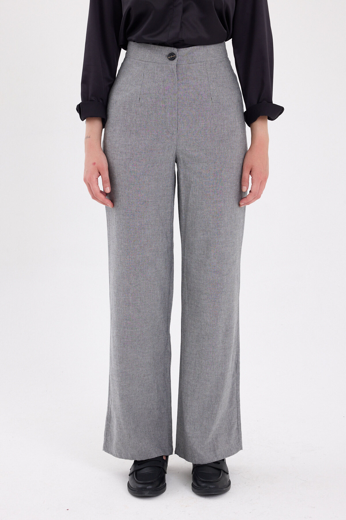 Gri Yüksek Bel Palazzo Kadın Pantolon 8021A - 3