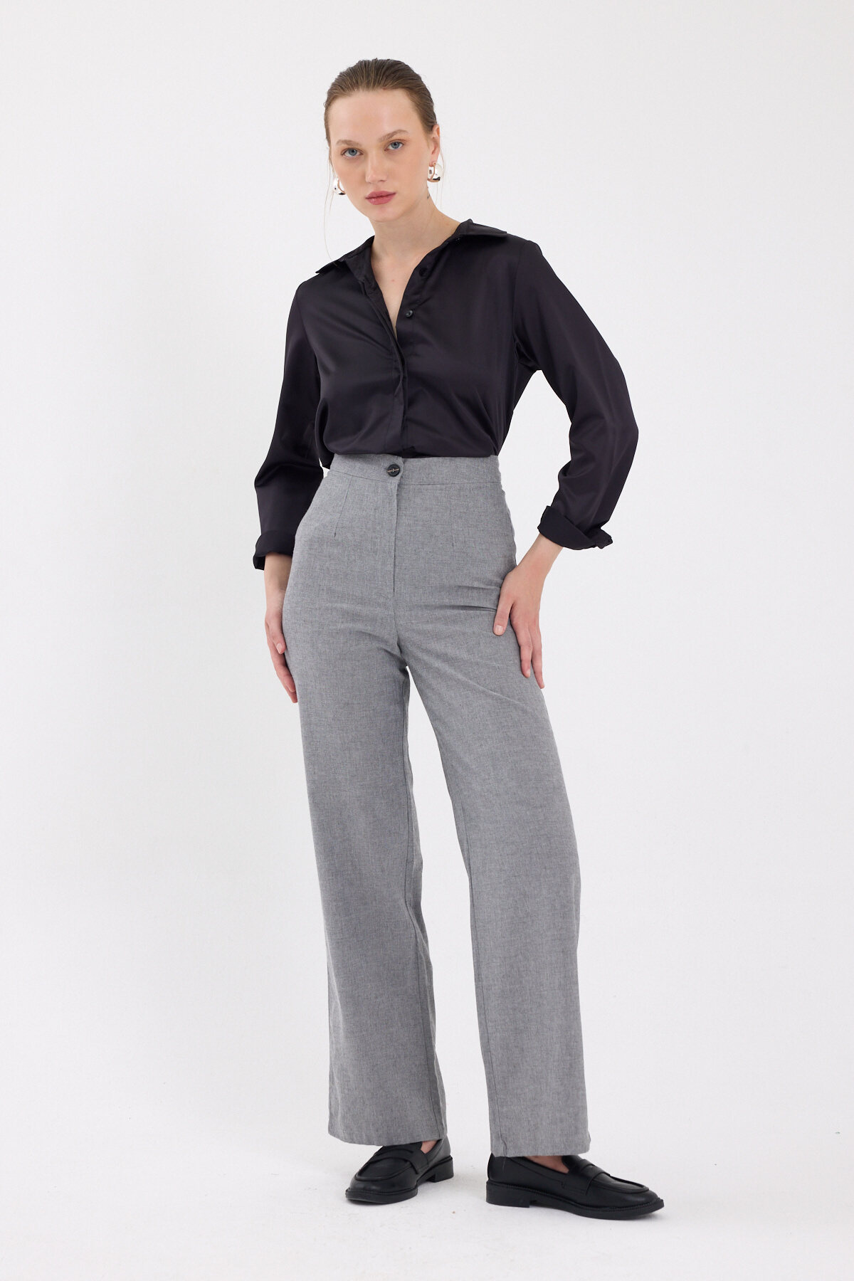 Gri Yüksek Bel Palazzo Kadın Pantolon 8021A - 2