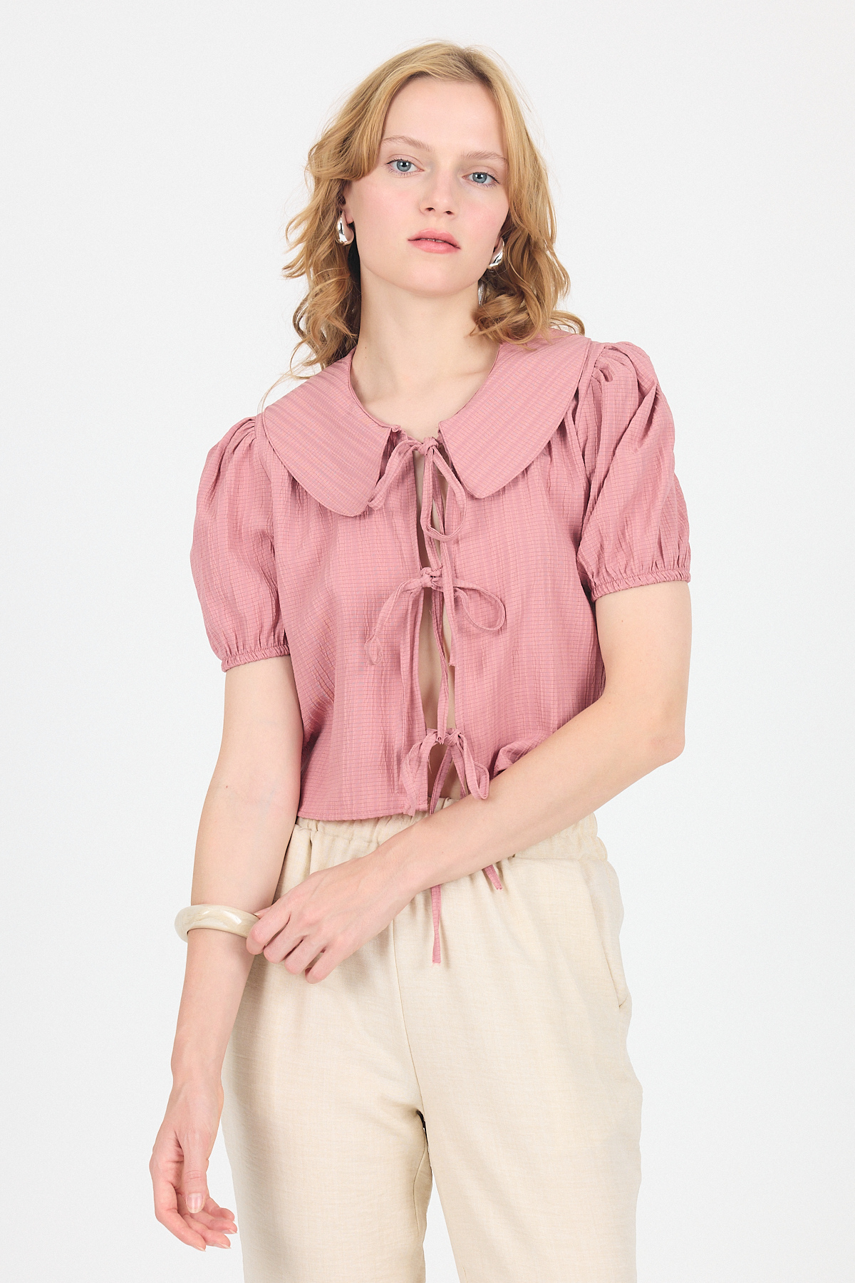 Gül Bağlama Detaylı Bebe Yaka Crop Bluz 8064 - 7