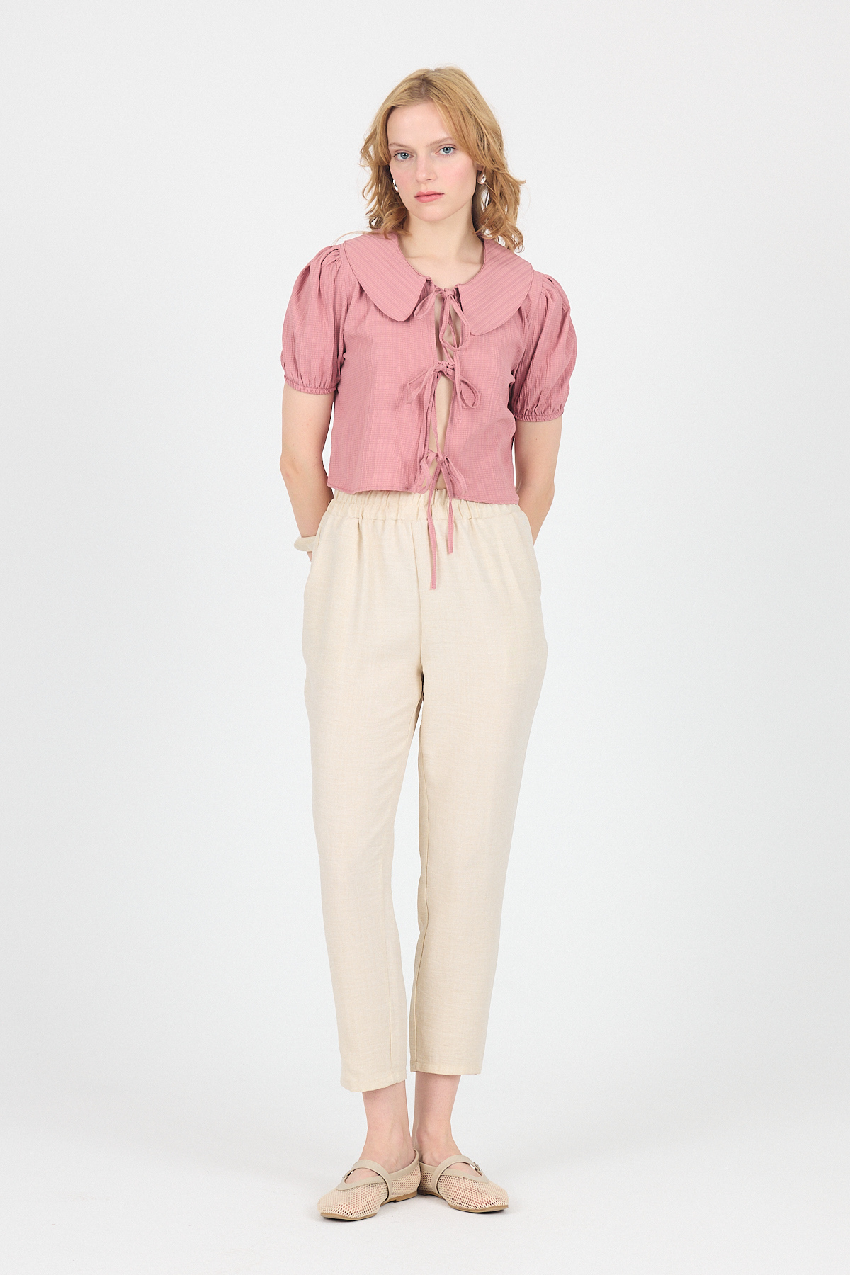 Gül Bağlama Detaylı Bebe Yaka Crop Bluz 8064 - 3