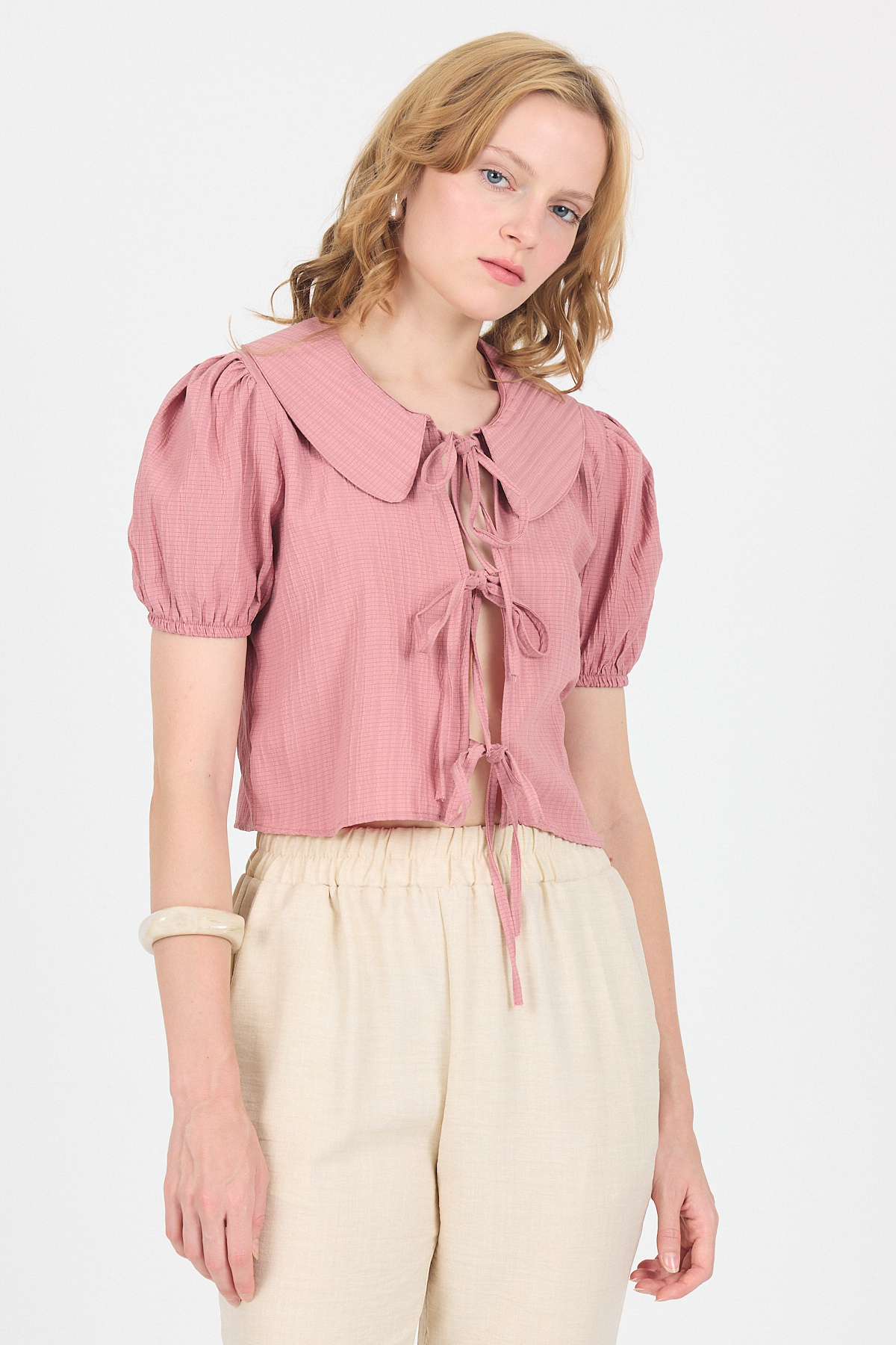 Gül Bağlama Detaylı Bebe Yaka Crop Bluz 8064 - 6