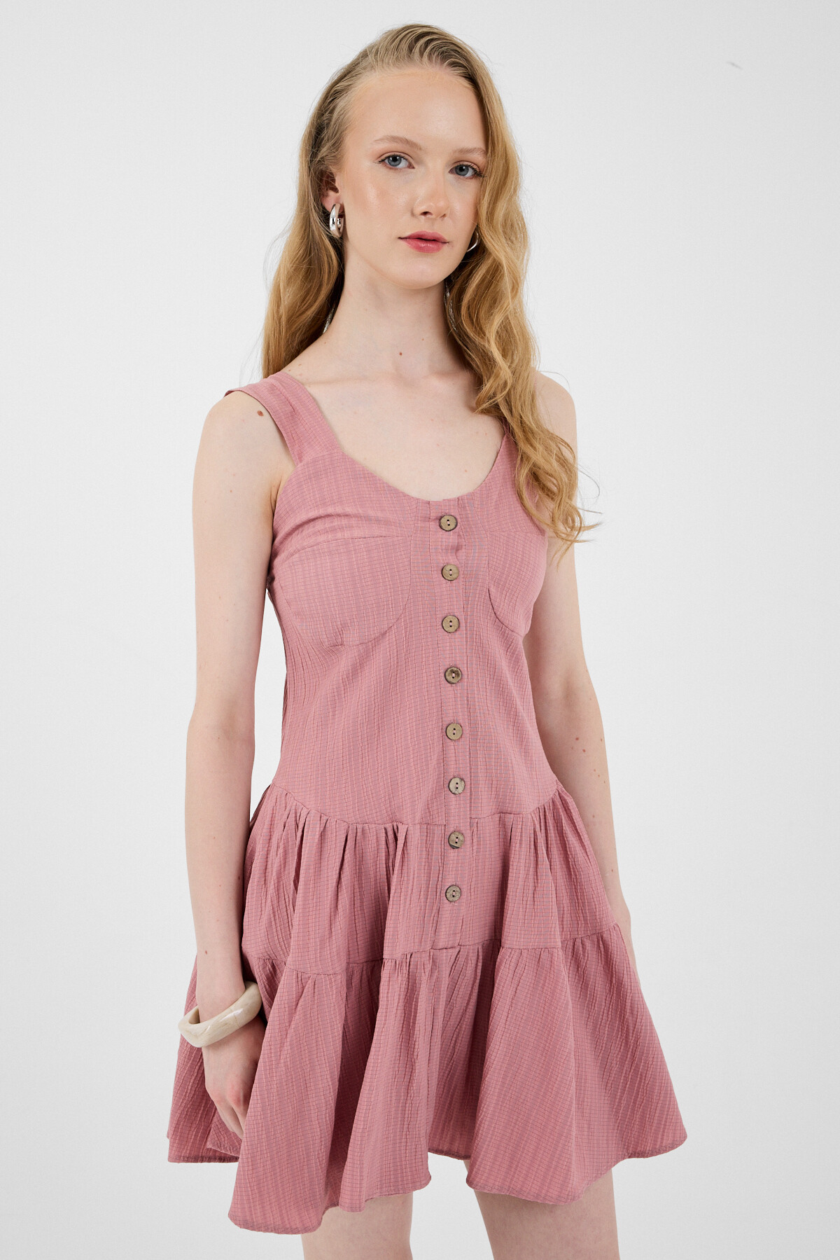 Gül Düğmeli Askılı Kat Etekli Mini Elbise 8042A - RAYS