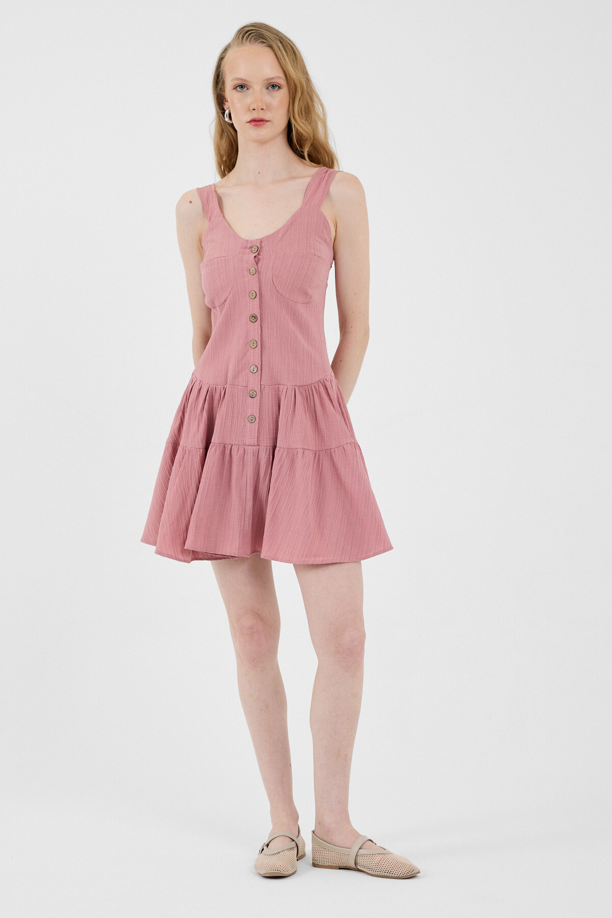 Gül Düğmeli Askılı Kat Etekli Mini Elbise 8042A - 2