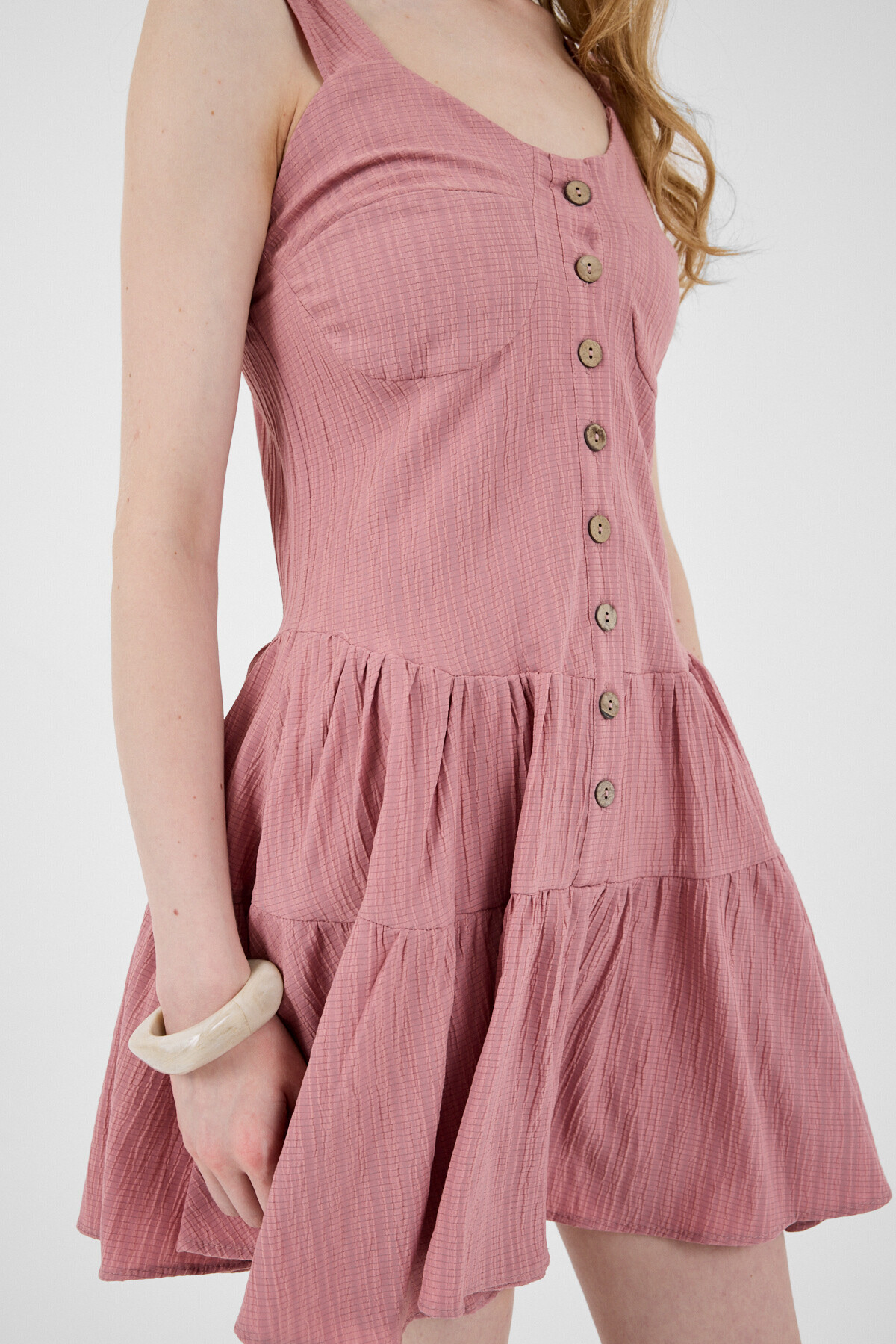 Gül Düğmeli Askılı Kat Etekli Mini Elbise 8042A - 4