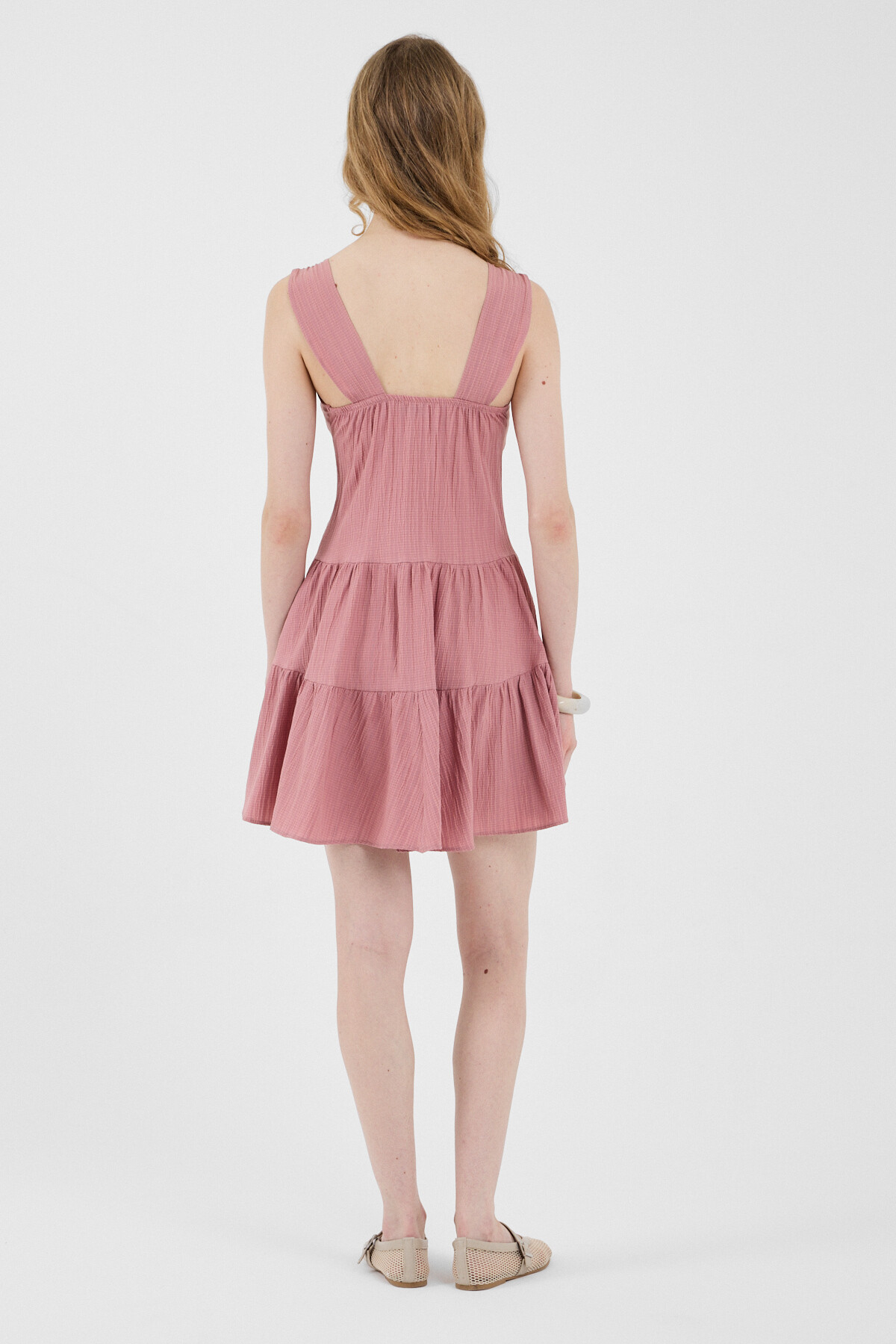 Gül Düğmeli Askılı Kat Etekli Mini Elbise 8042A - 5