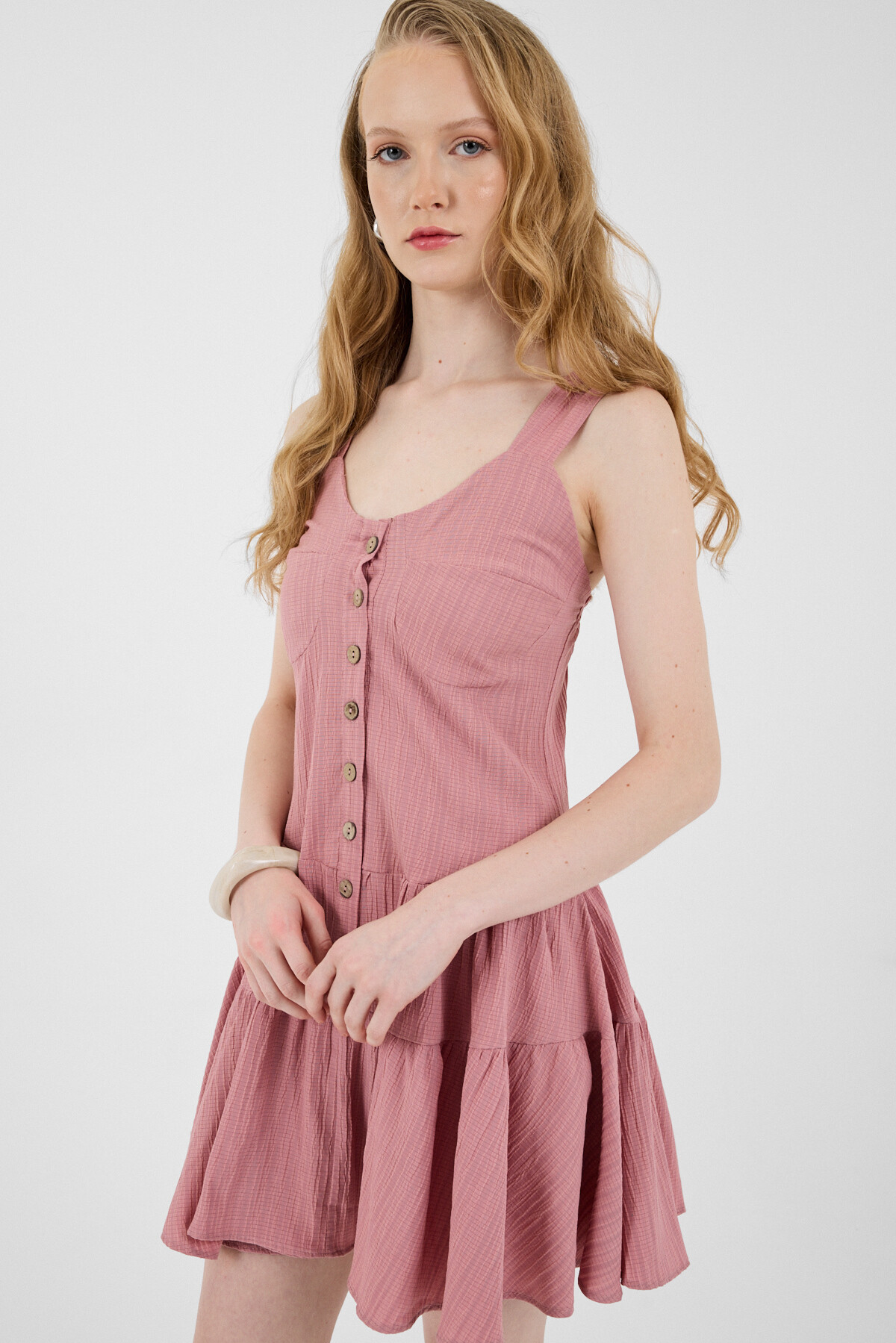 Gül Düğmeli Askılı Kat Etekli Mini Elbise 8042A 