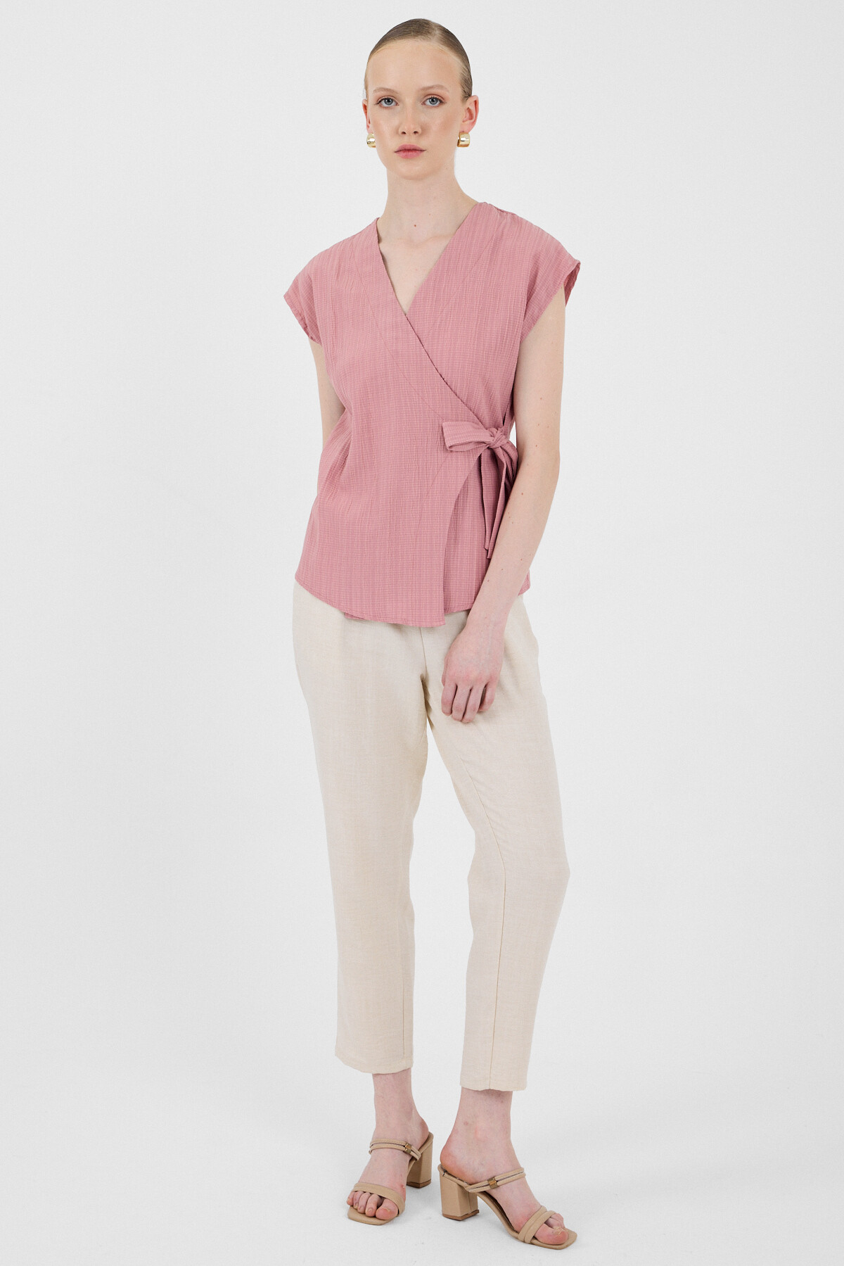 Gül Kruvaze Yaka Bağlama Detaylı Bluz 8025A - 3