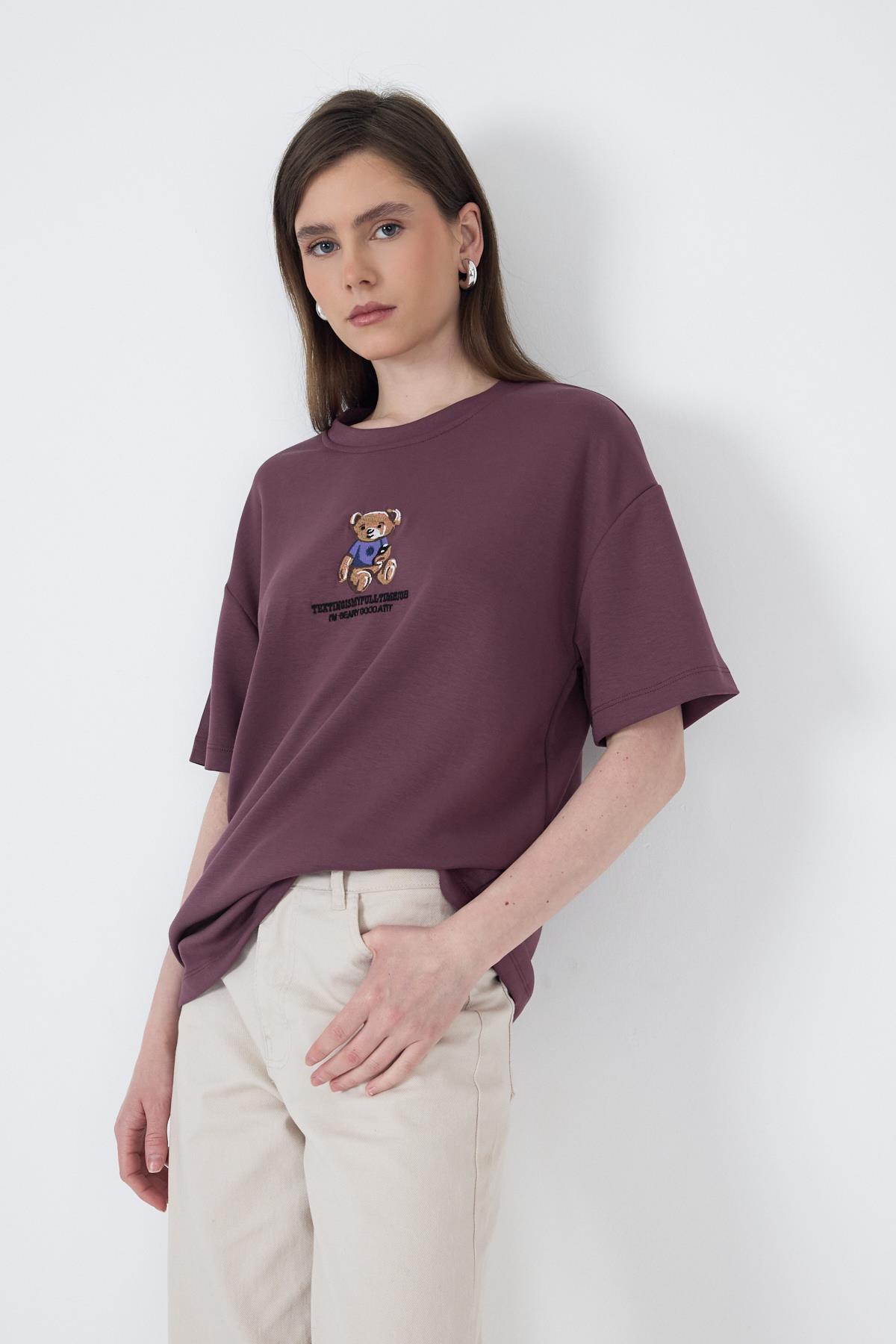 Gül Kurusu Ayıcık Baskılı Bisiklet Yaka Oversize Tişört 5530 - 1