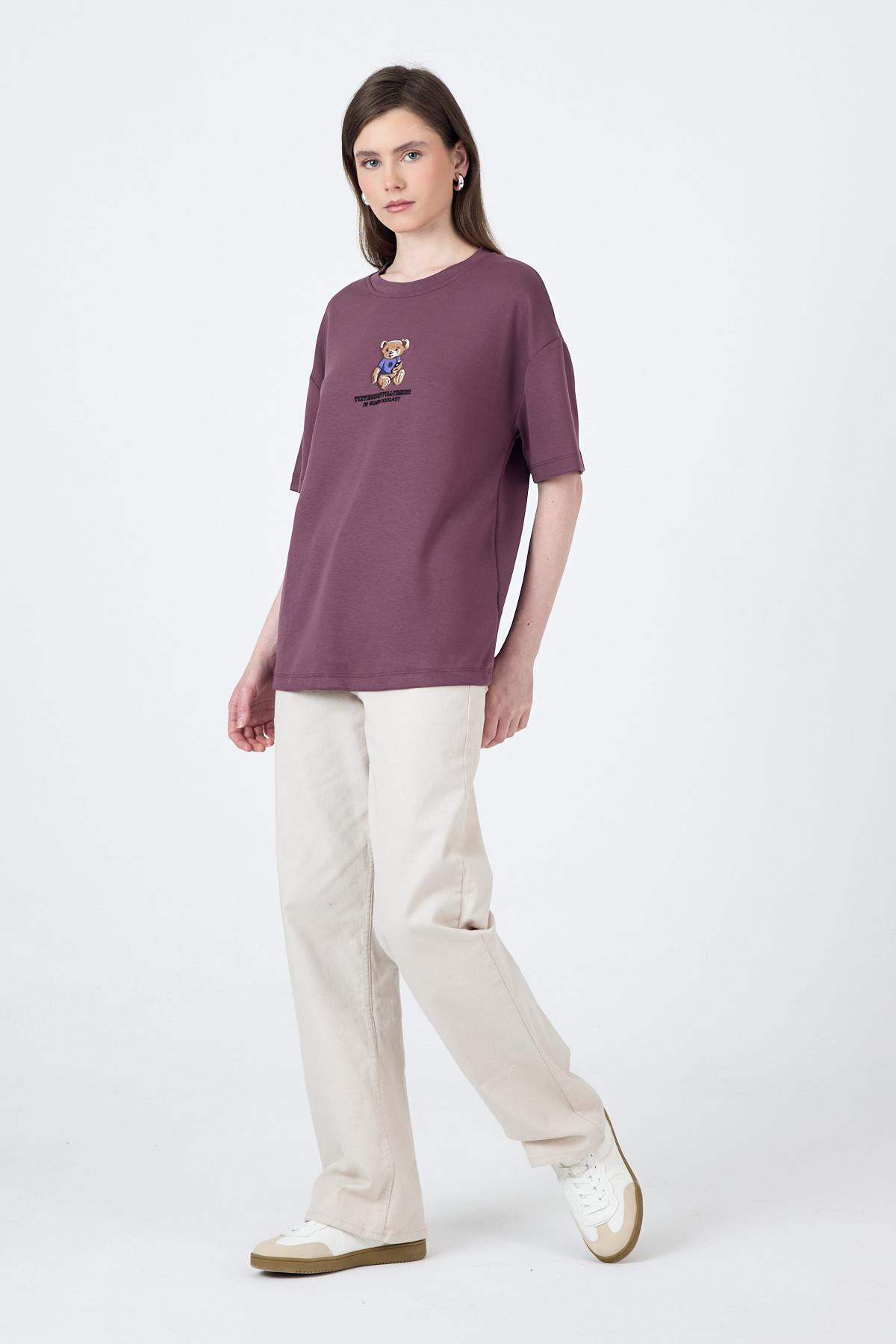 Gül Kurusu Ayıcık Baskılı Bisiklet Yaka Oversize Tişört 5530 - 7