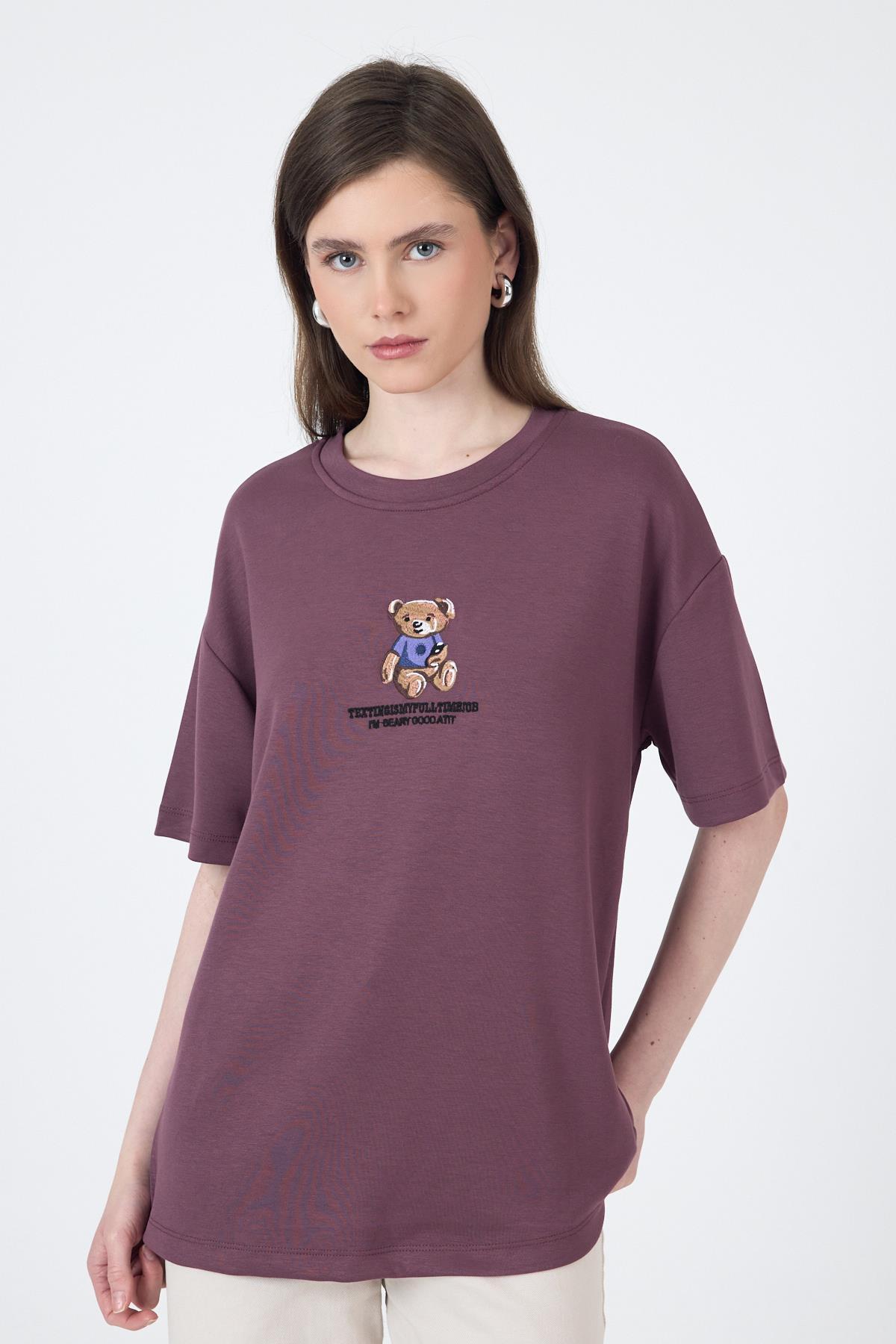 Gül Kurusu Ayıcık Baskılı Bisiklet Yaka Oversize Tişört 5530 - 2