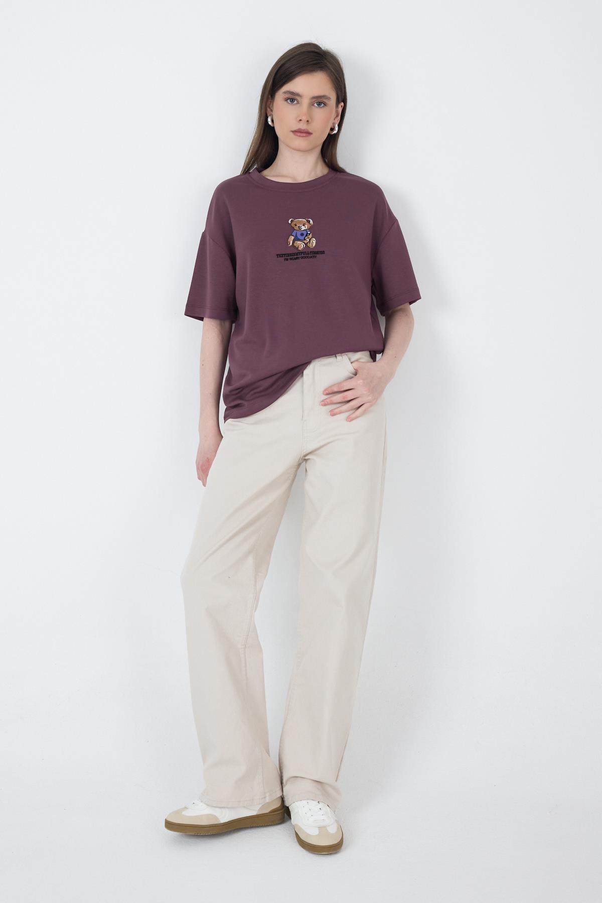 Gül Kurusu Ayıcık Baskılı Bisiklet Yaka Oversize Tişört 5530 - 6